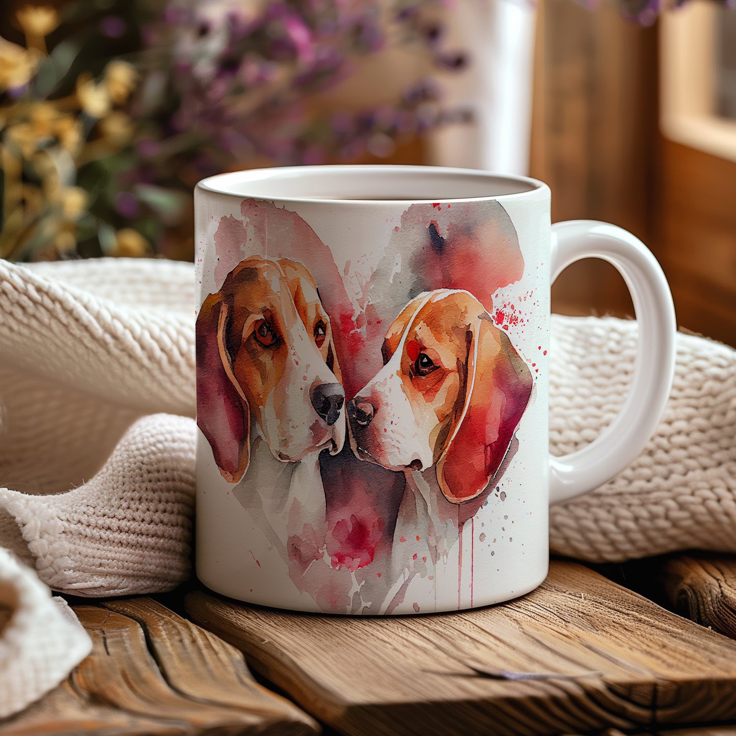 Hrnek s beaglemi v akvarelovém stylu