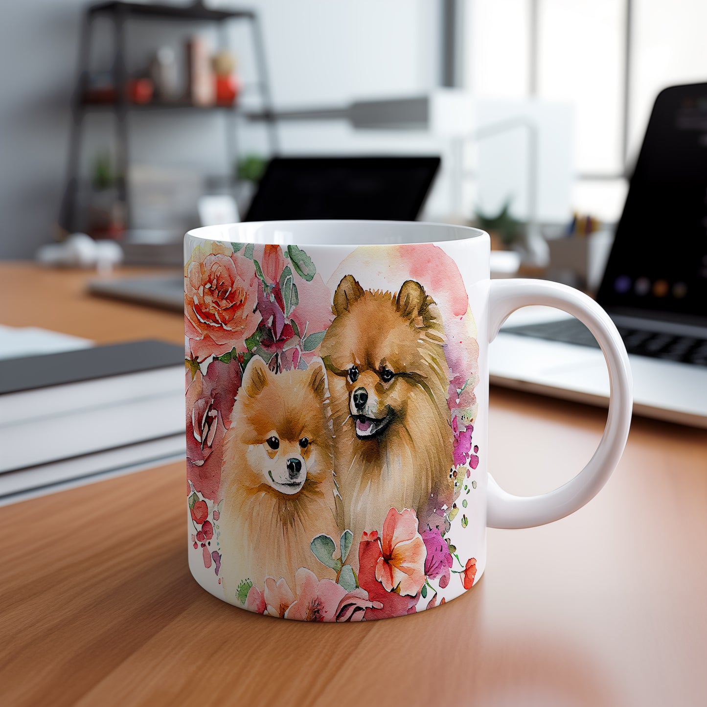 Hrnek s roztomilými pomeraniany a květinami