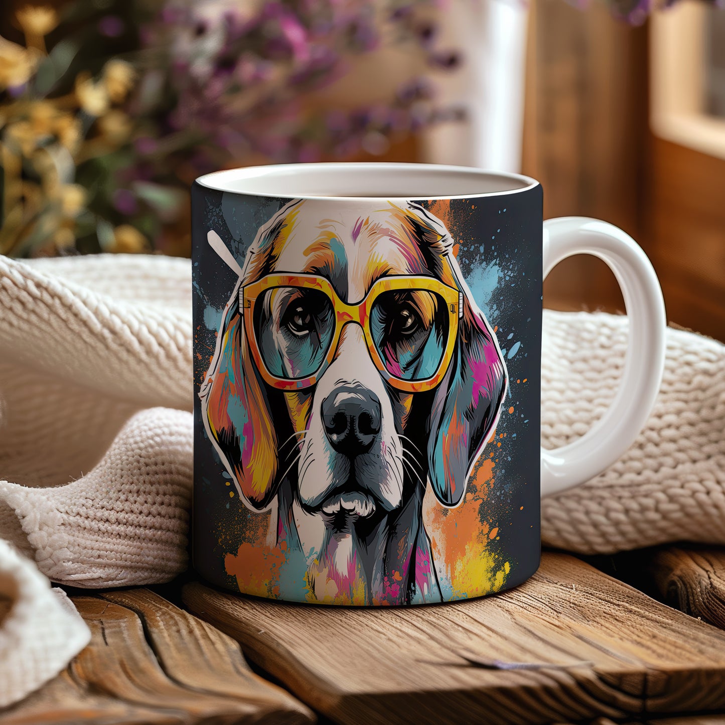 Hrnek s beagle psem a oranžovými brýlemi