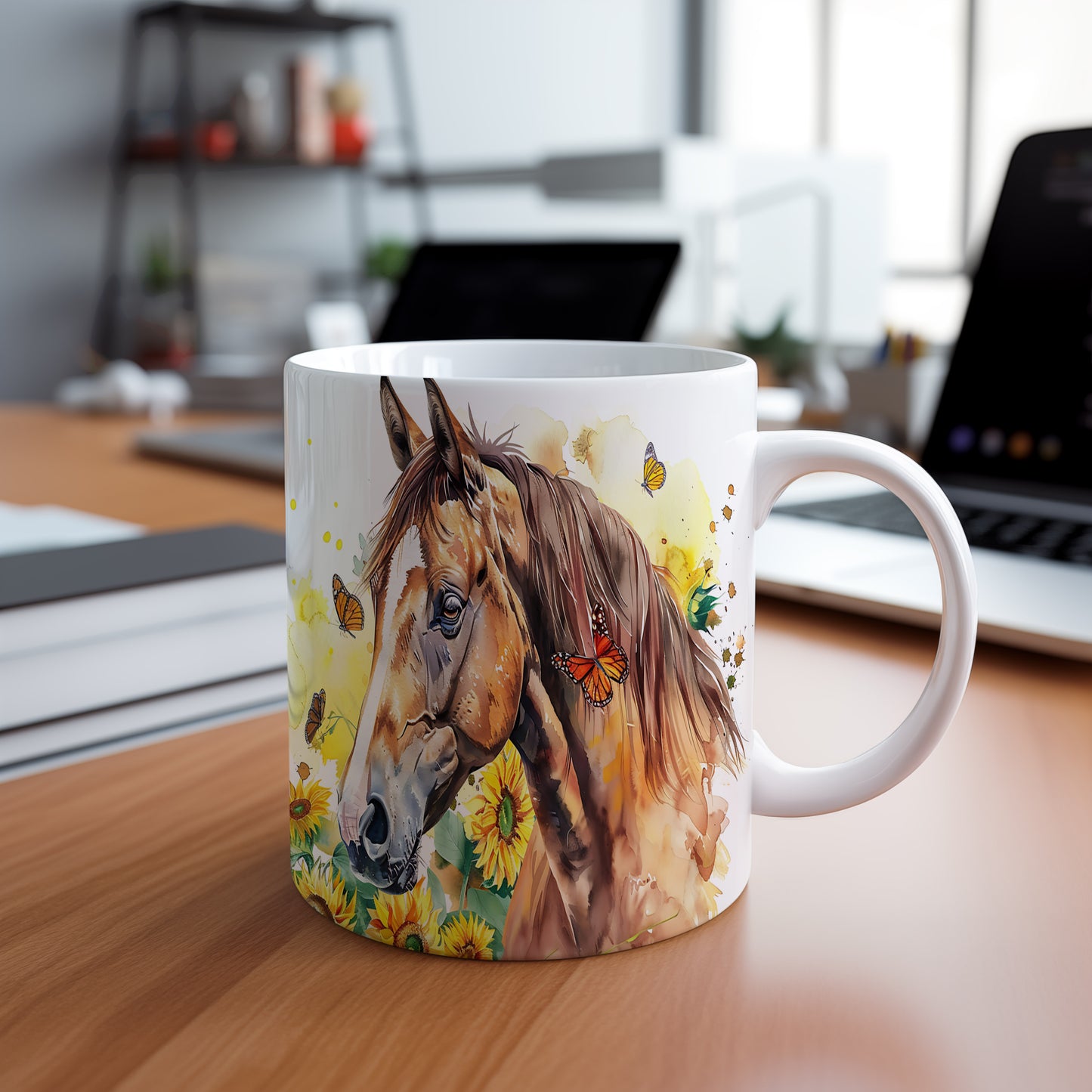 Hrnek s koněm a slunečnicemi