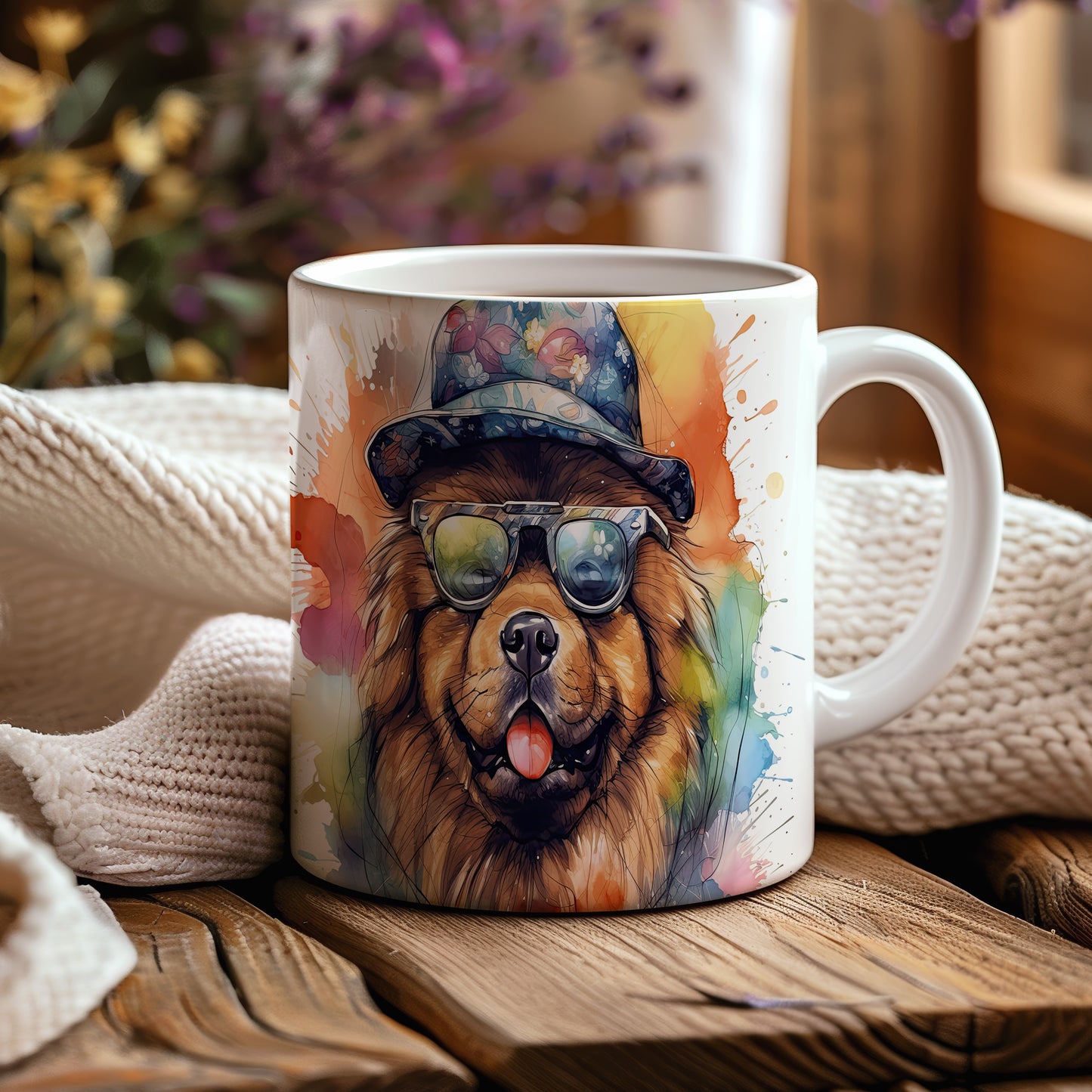 Hrnek s módním chow chow v klobouku