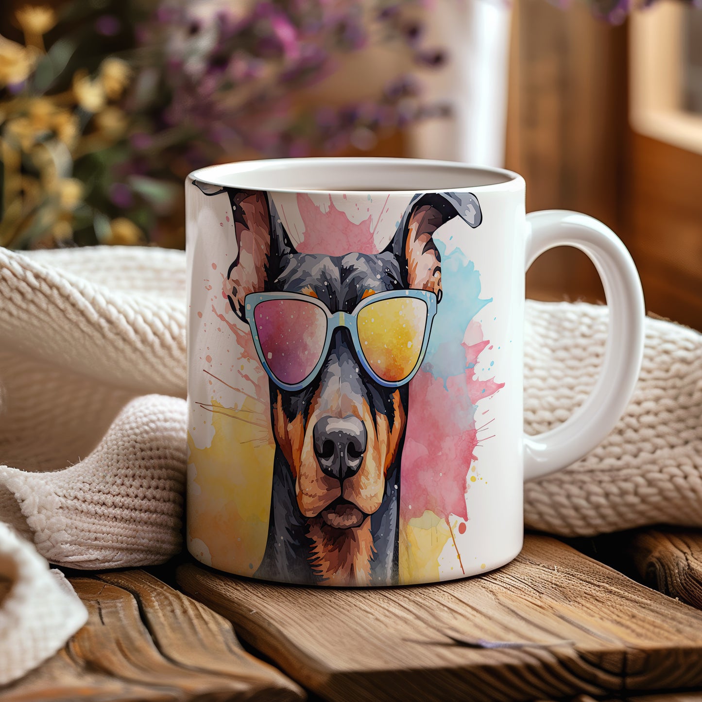 Hrnek s roztomilým dobermanem v brýlích – modrými detaily