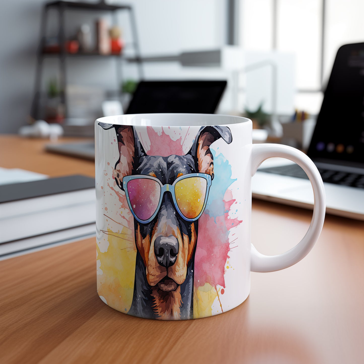 Hrnek s roztomilým dobermanem v brýlích – modrými detaily