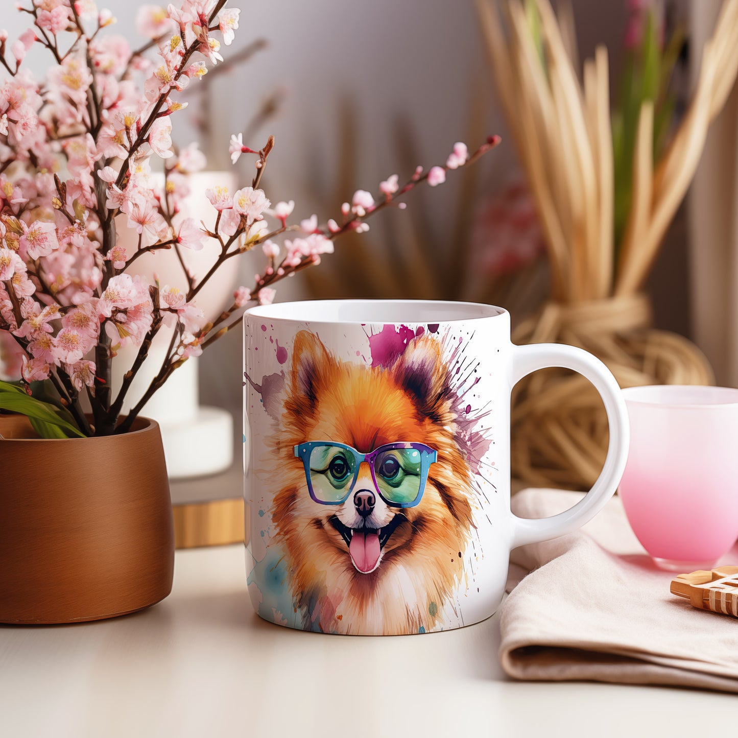 Hrnek s roztomilým pomeranianem v brýlích