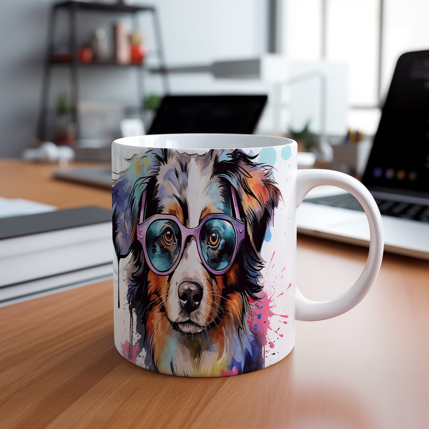 Hrnek s australským ovčákem v brýlích