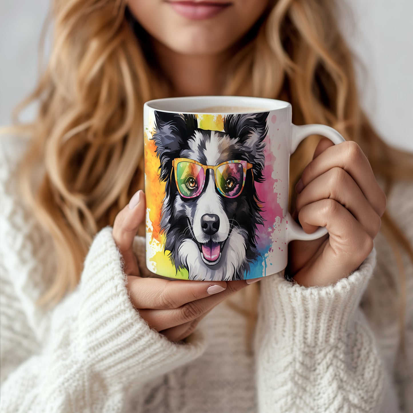 Hrnek s border collie v brýlích – roztomilá digitální ilustrace