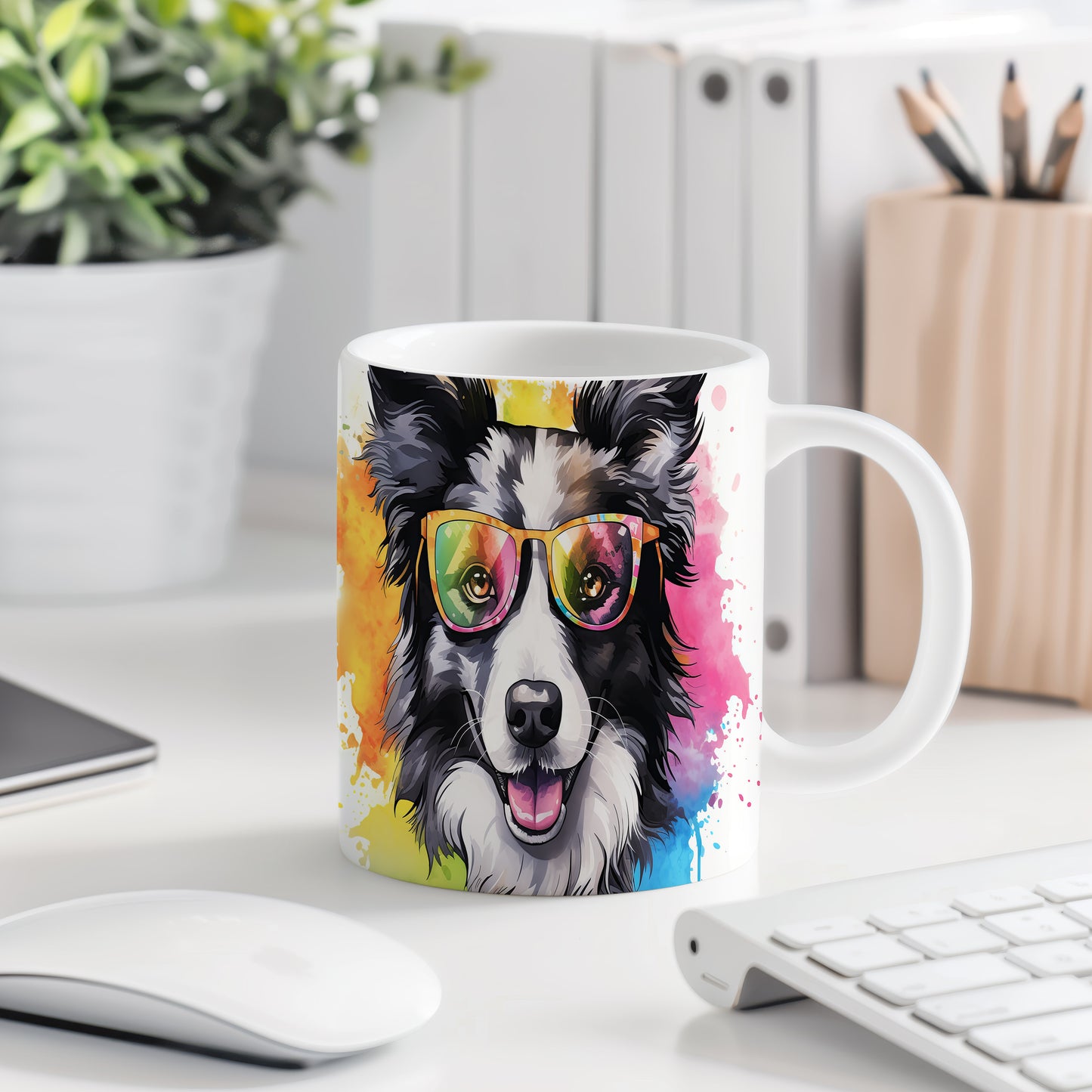 Hrnek s border collie v brýlích – roztomilá digitální ilustrace