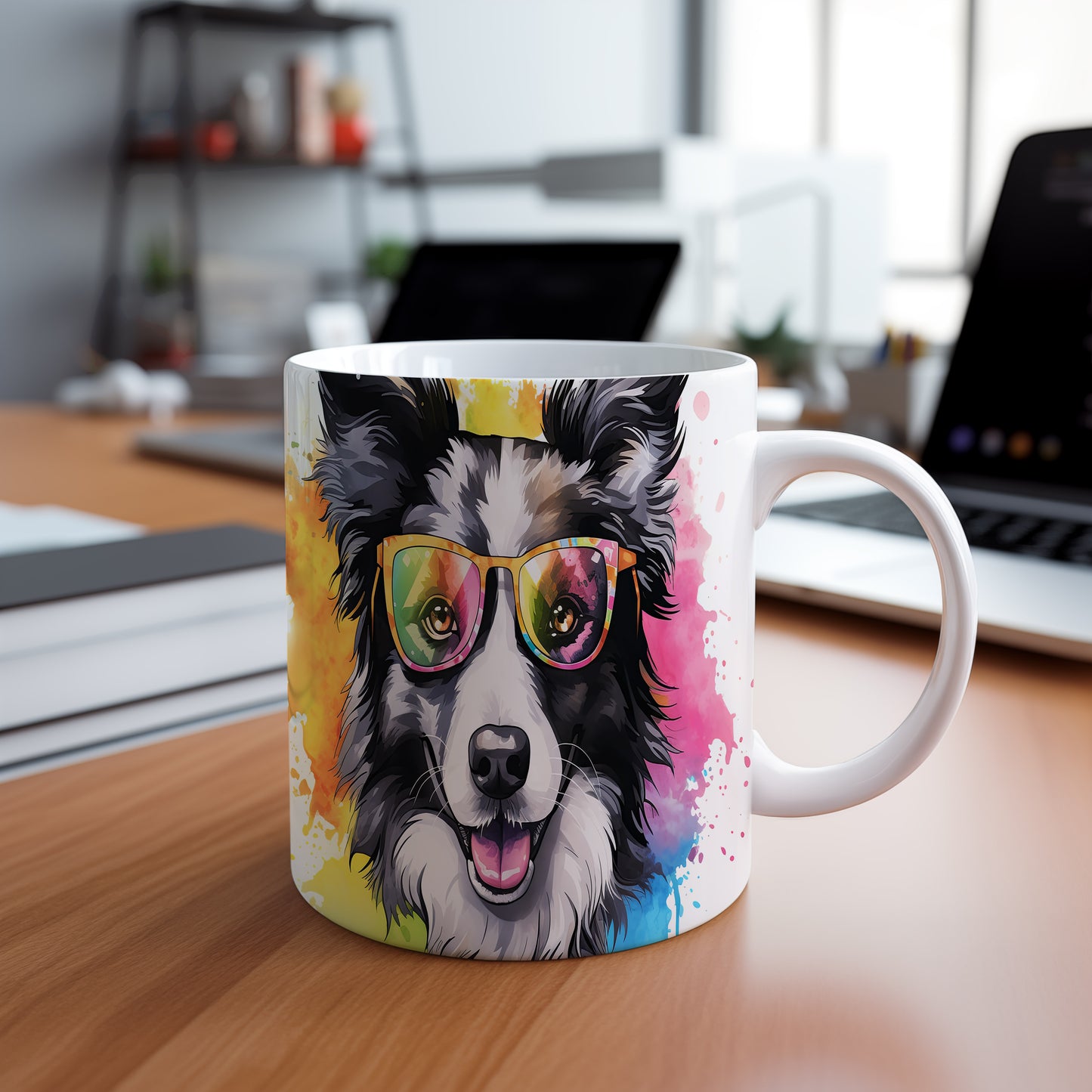 Hrnek s border collie v brýlích – roztomilá digitální ilustrace