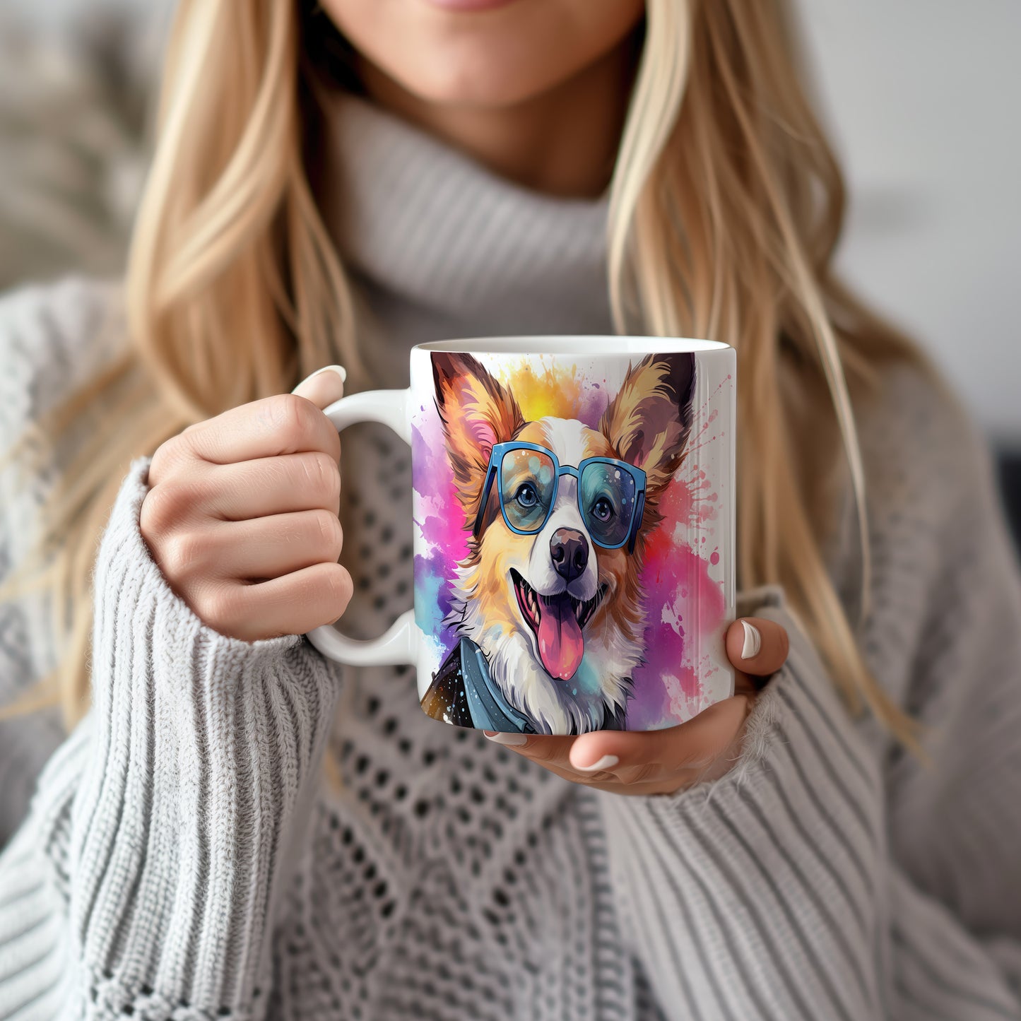 Hrnek s veselým ovčákem corgi v brýlích