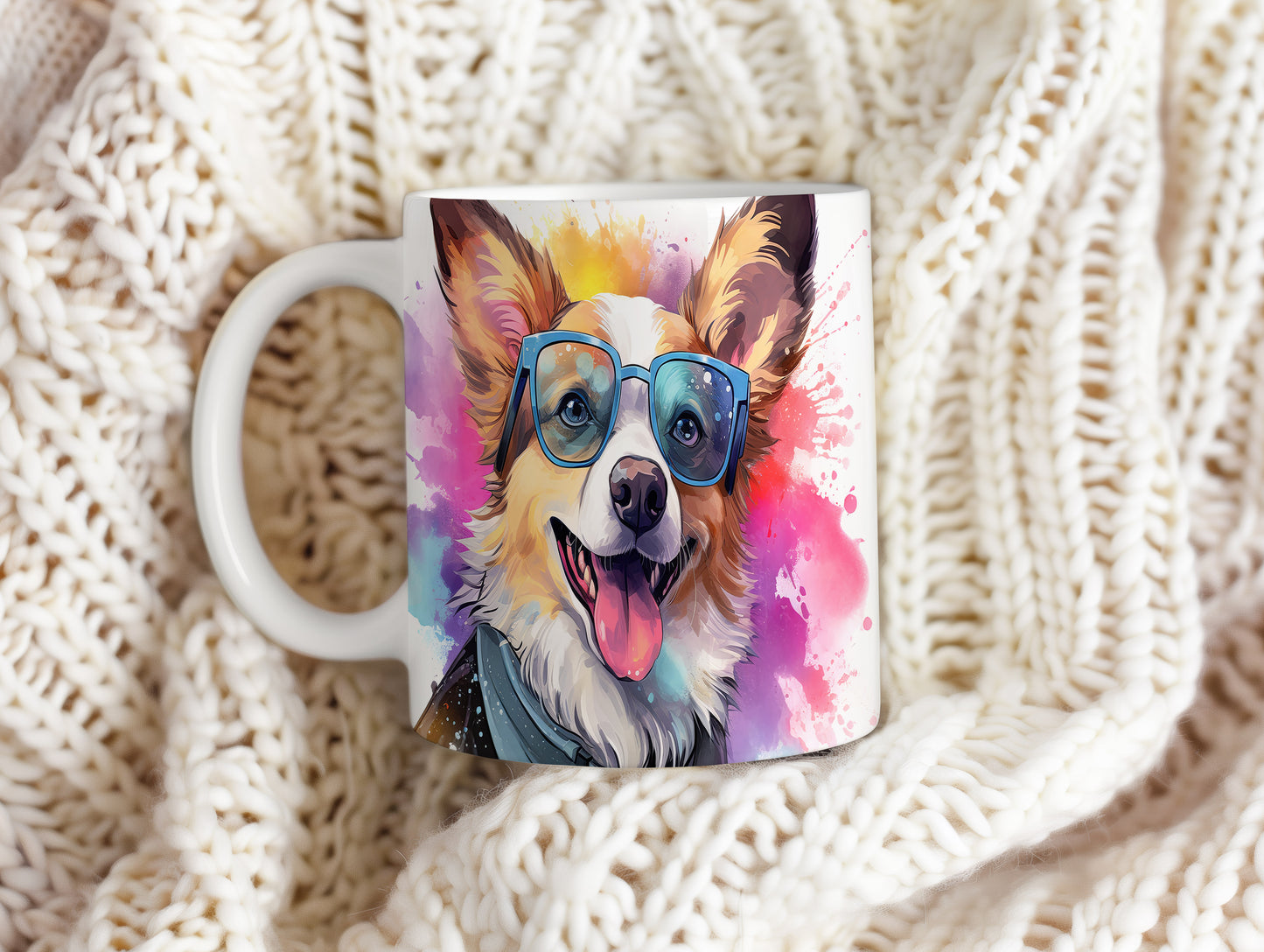 Hrnek s veselým ovčákem corgi v brýlích