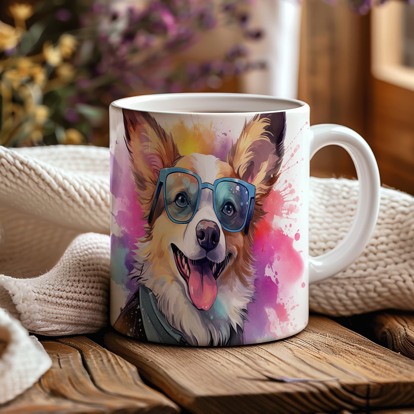 Hrnek s veselým ovčákem corgi v brýlích