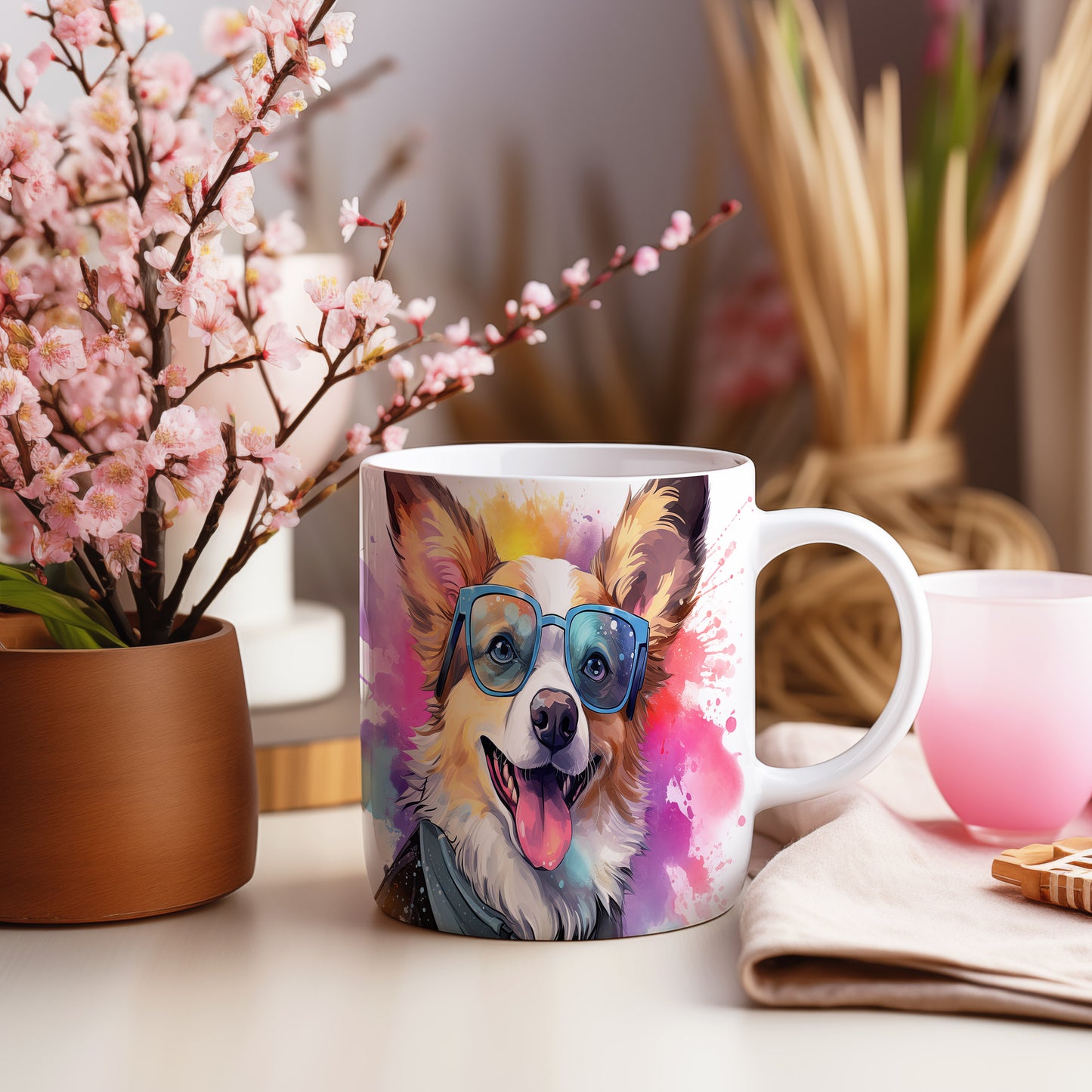Hrnek s veselým ovčákem corgi v brýlích