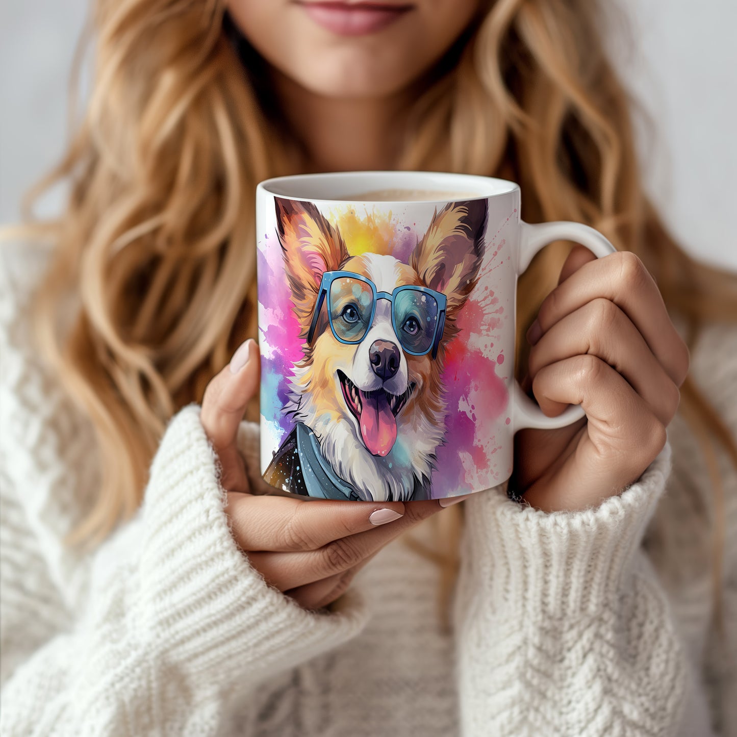 Hrnek s veselým ovčákem corgi v brýlích