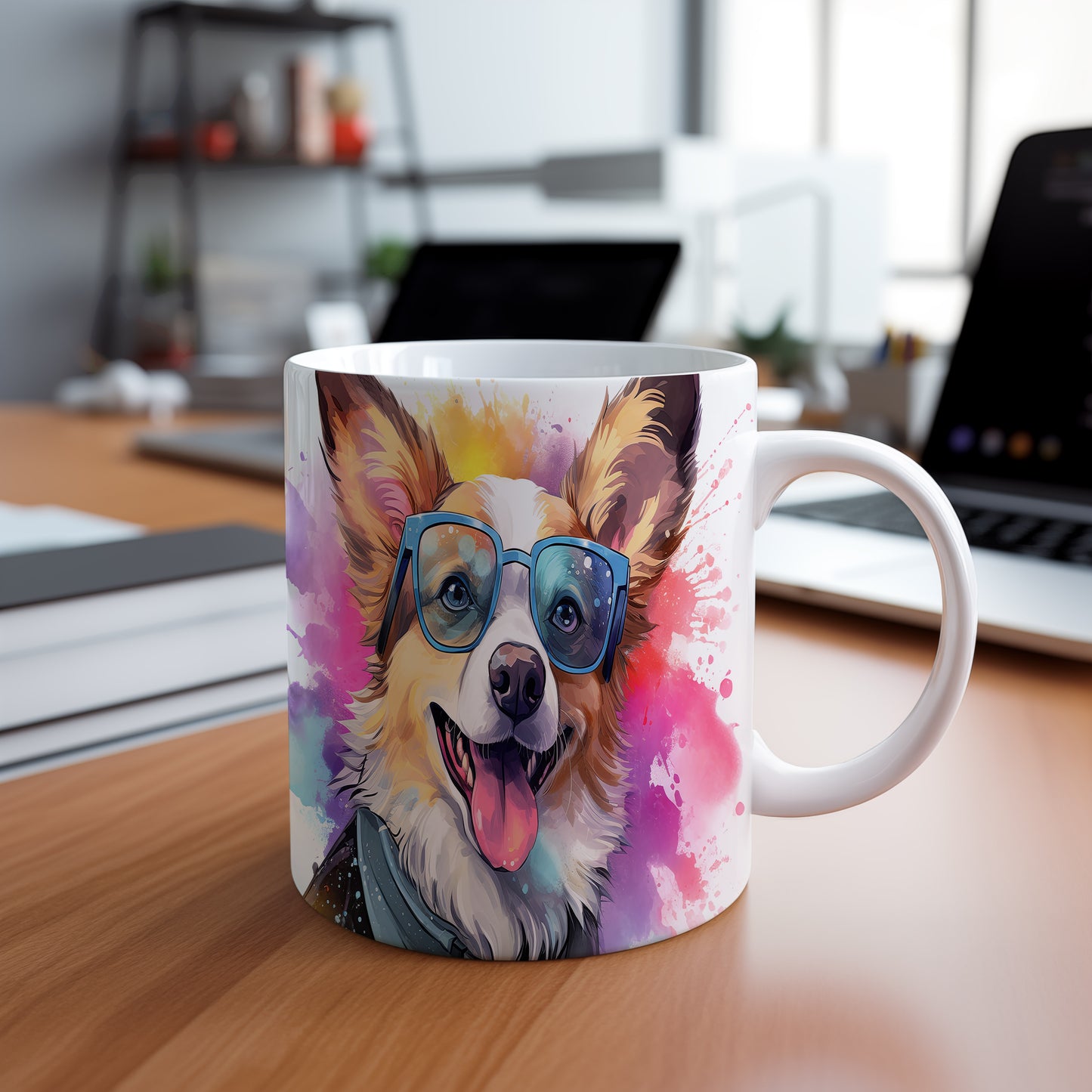 Hrnek s veselým ovčákem corgi v brýlích