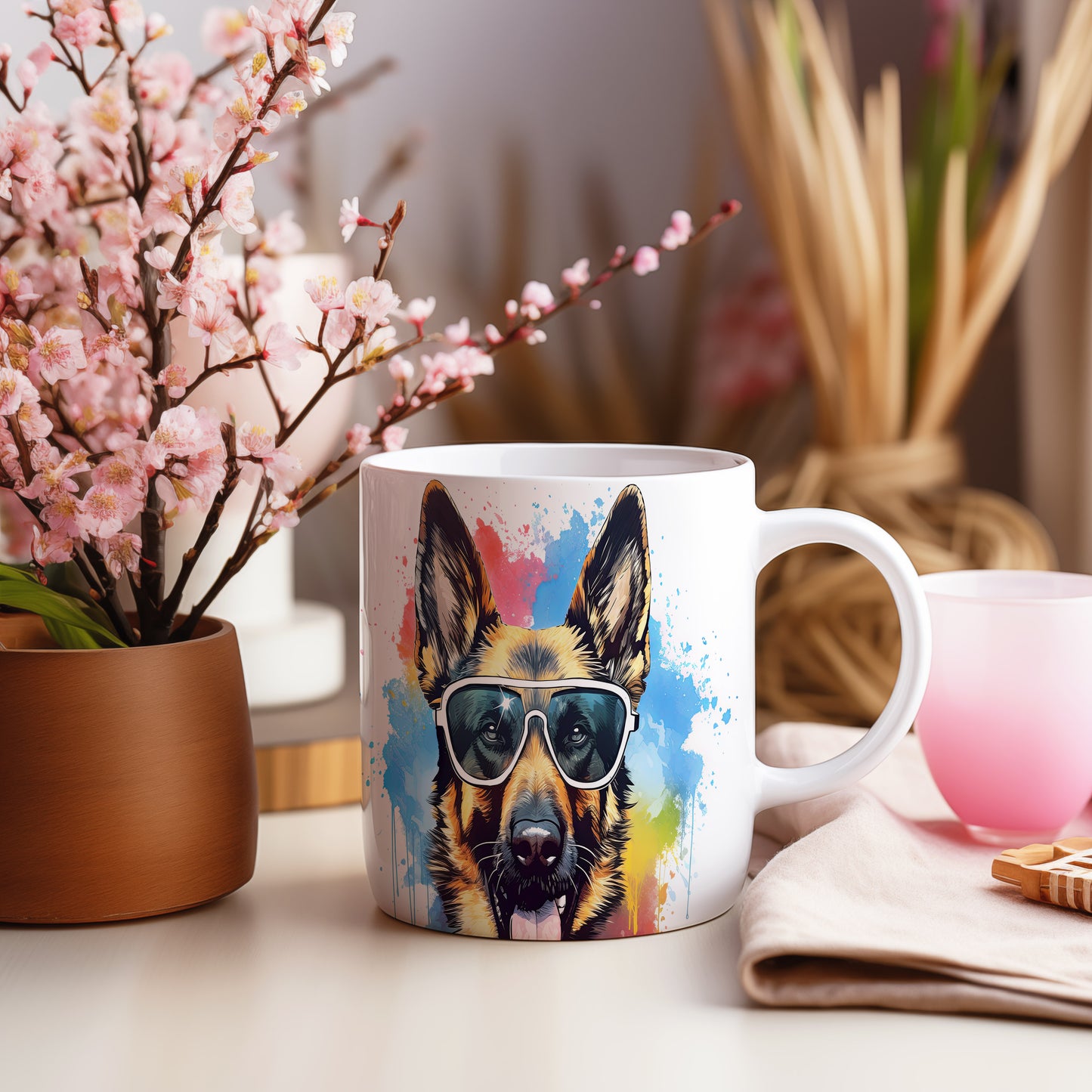 Hrnek s německým ovčákem v brýlích – roztomilý styl
