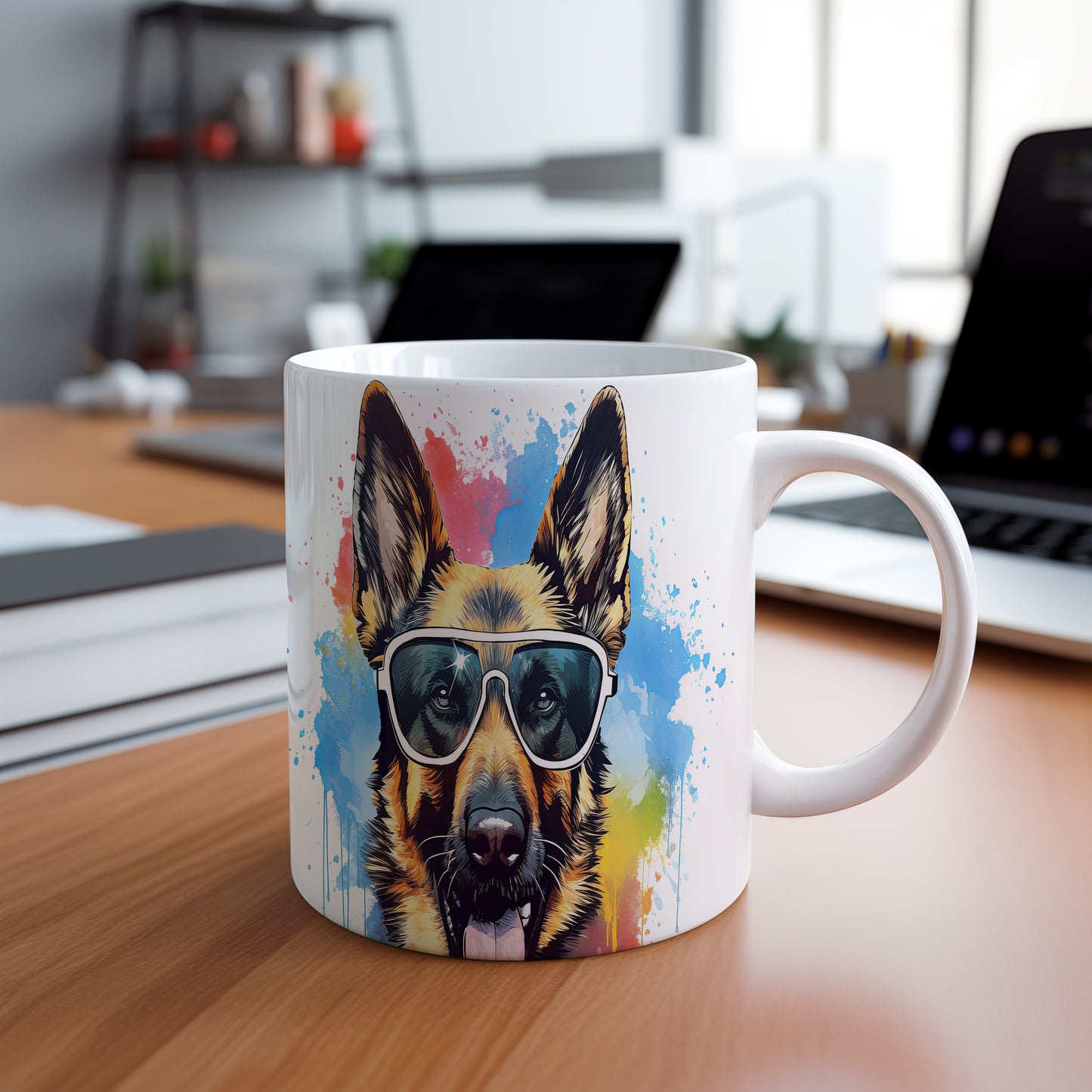 Hrnek s německým ovčákem v brýlích – roztomilý styl