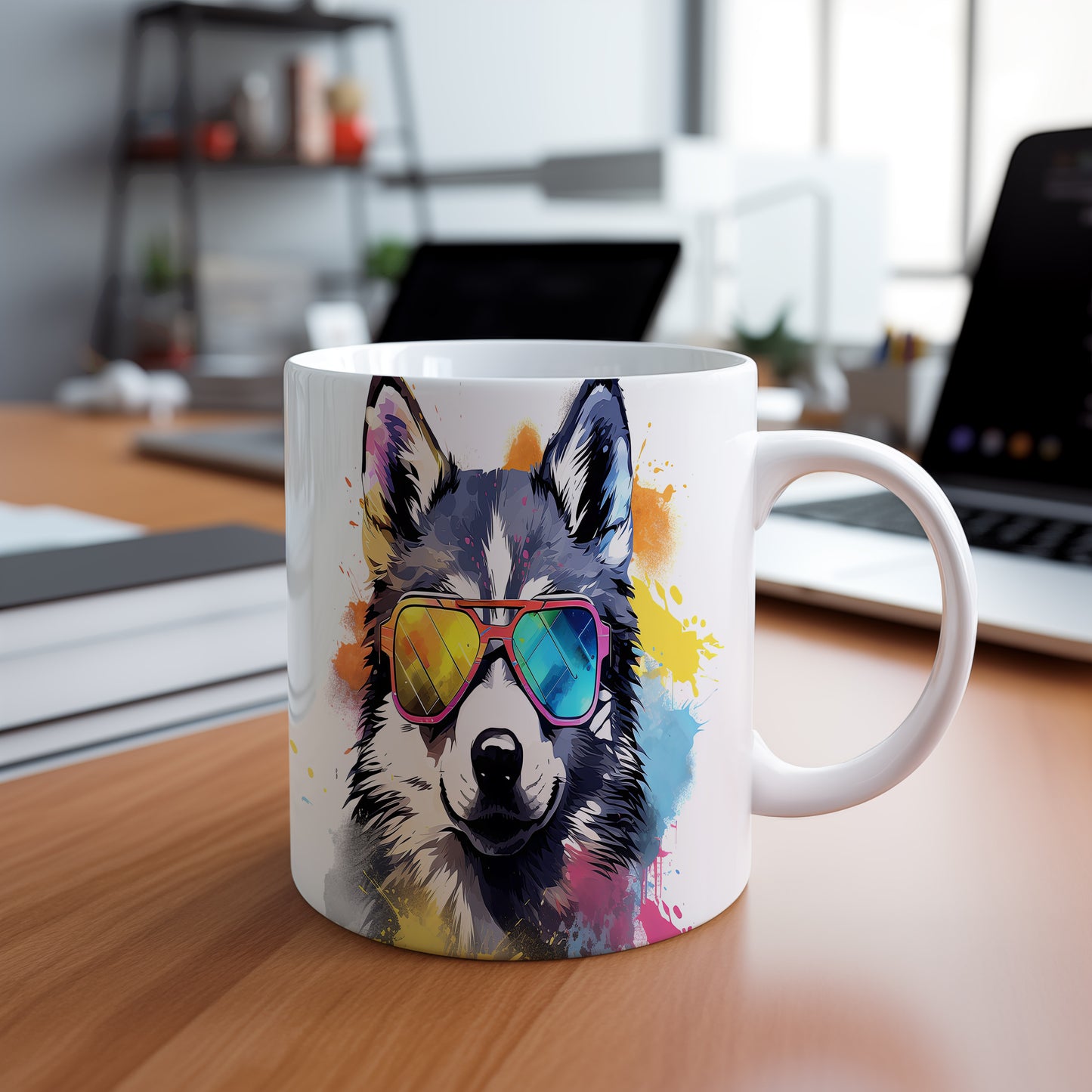 Hrnek s cool huskym a barevnými brýlemi