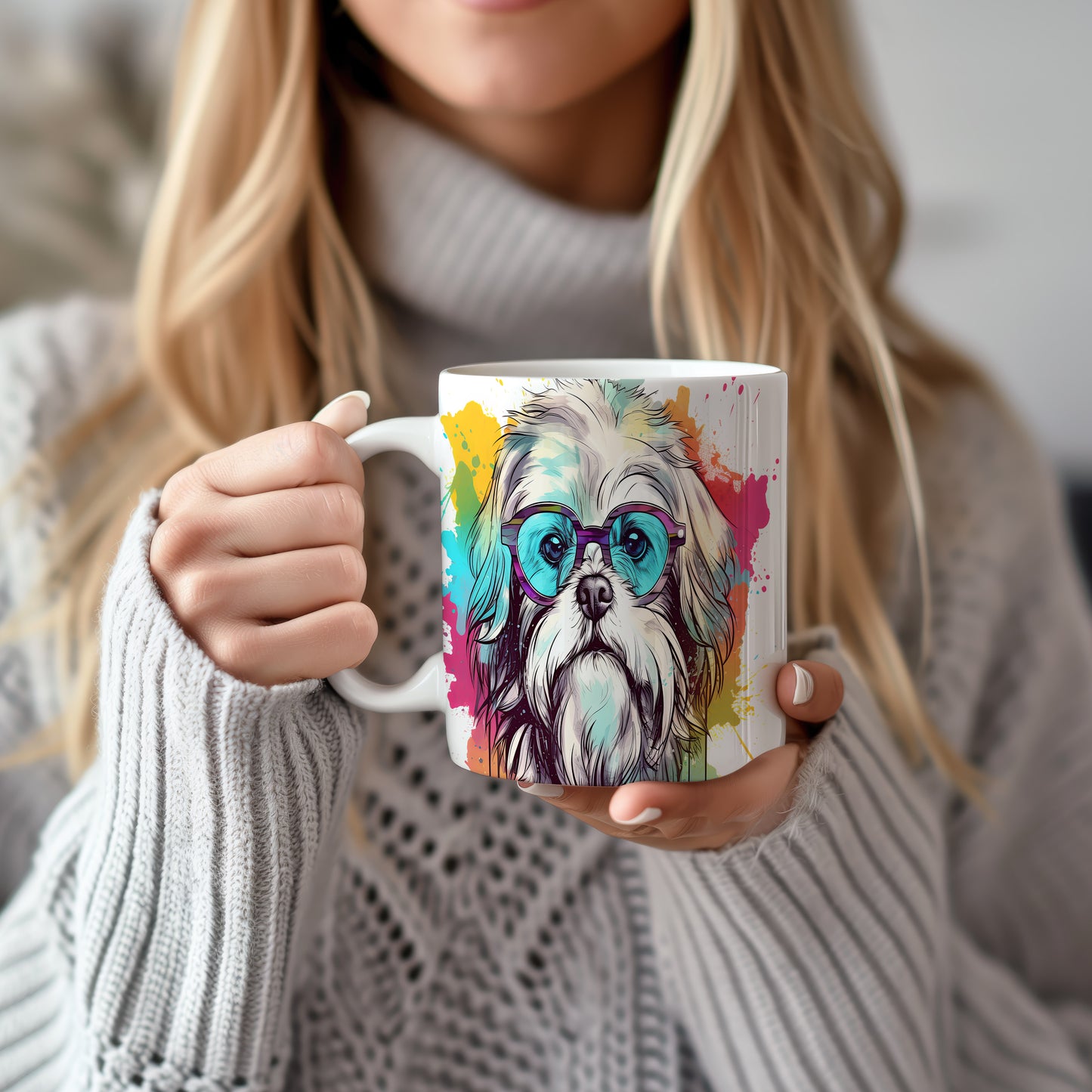 Hrnek s shih tzu hipsterem a barevným pozadím