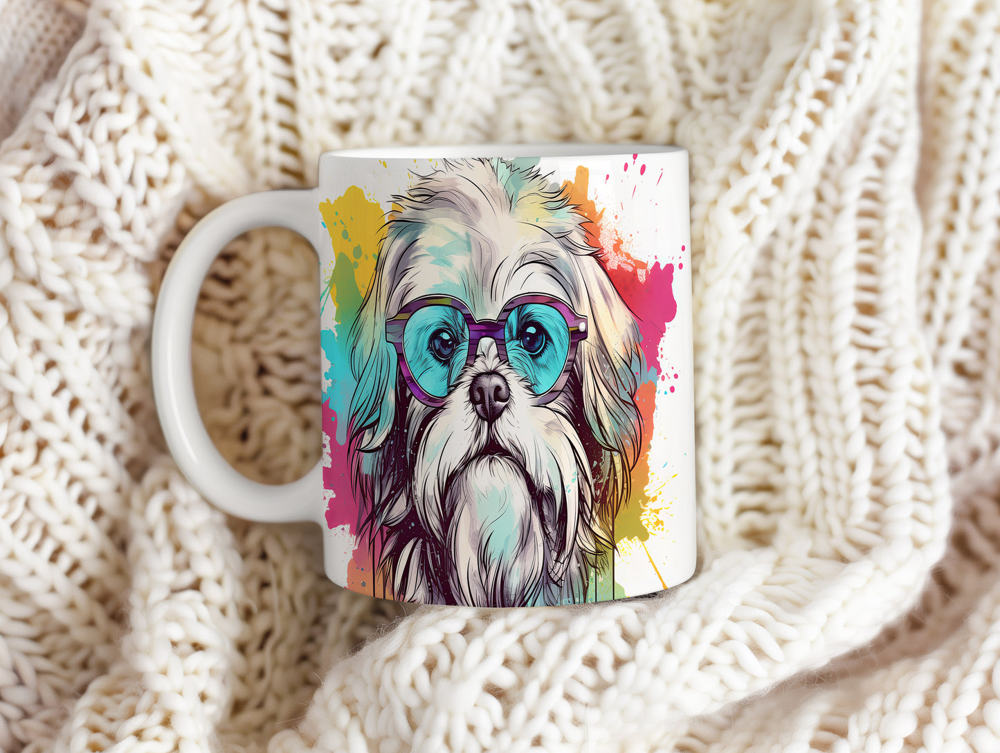 Hrnek s shih tzu hipsterem a barevným pozadím