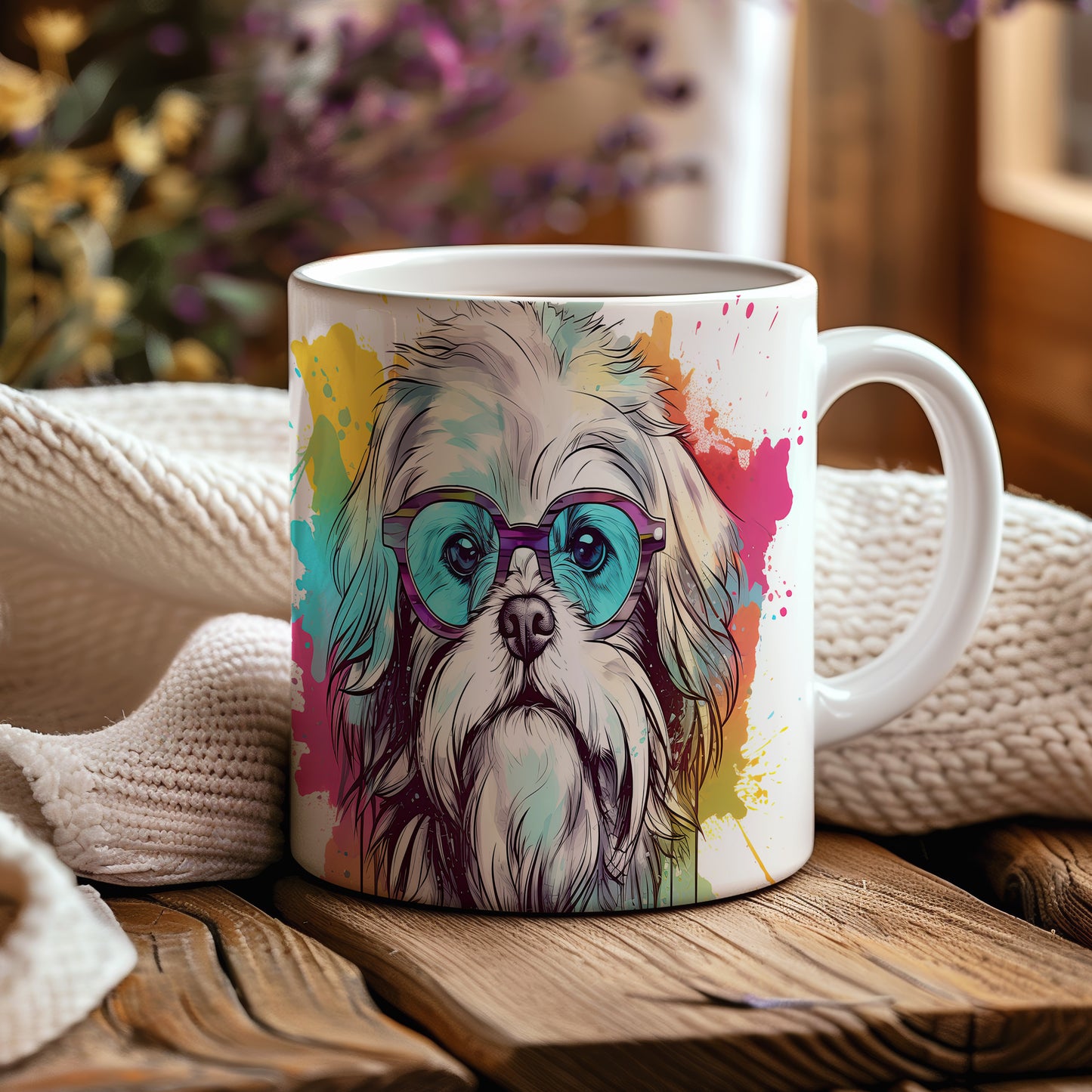 Hrnek s shih tzu hipsterem a barevným pozadím