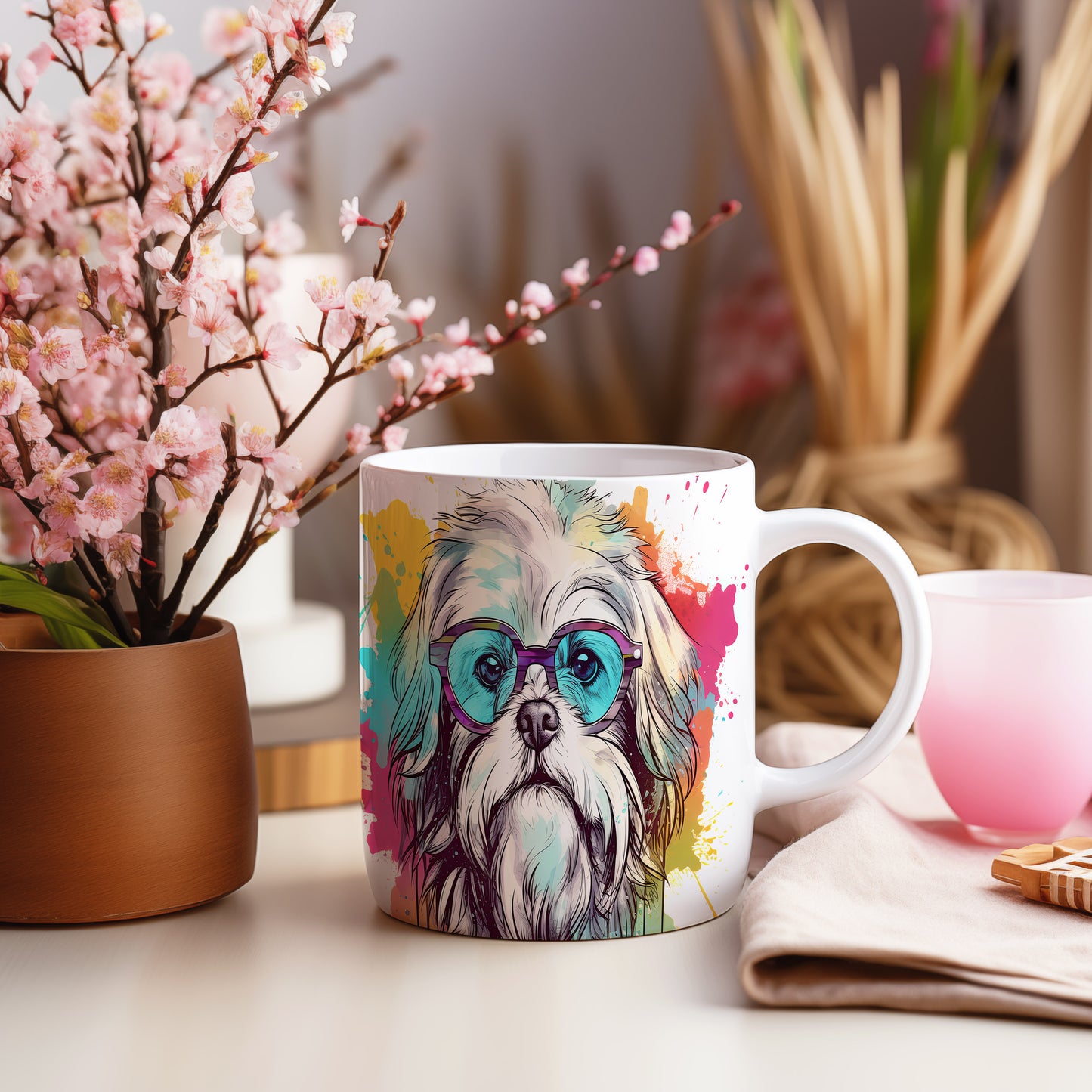 Hrnek s shih tzu hipsterem a barevným pozadím