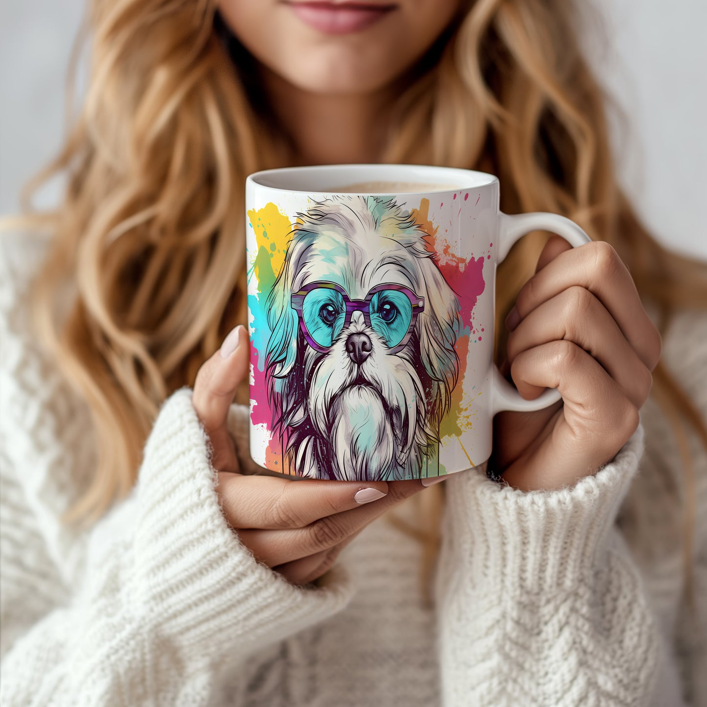 Hrnek s shih tzu hipsterem a barevným pozadím