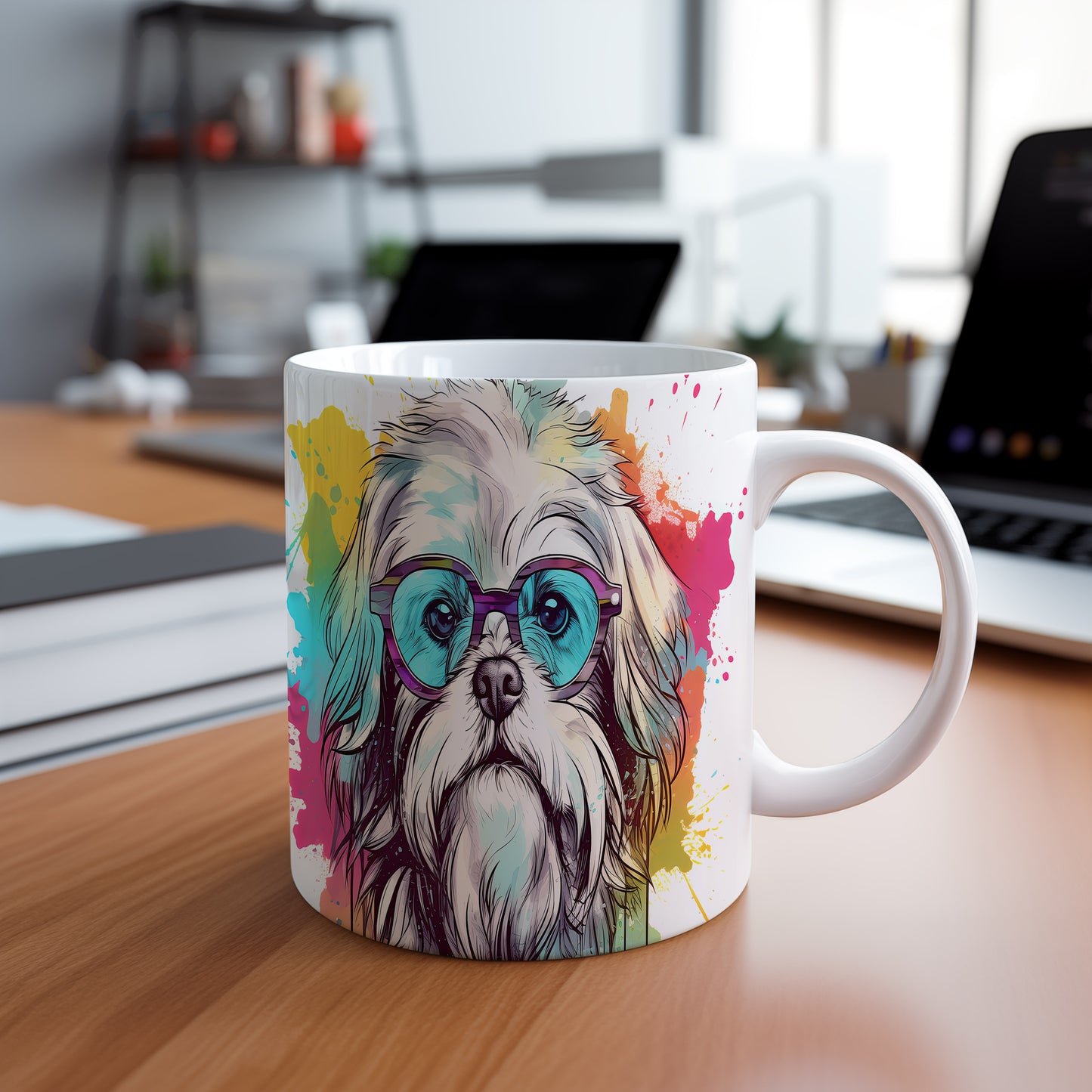 Hrnek s shih tzu hipsterem a barevným pozadím