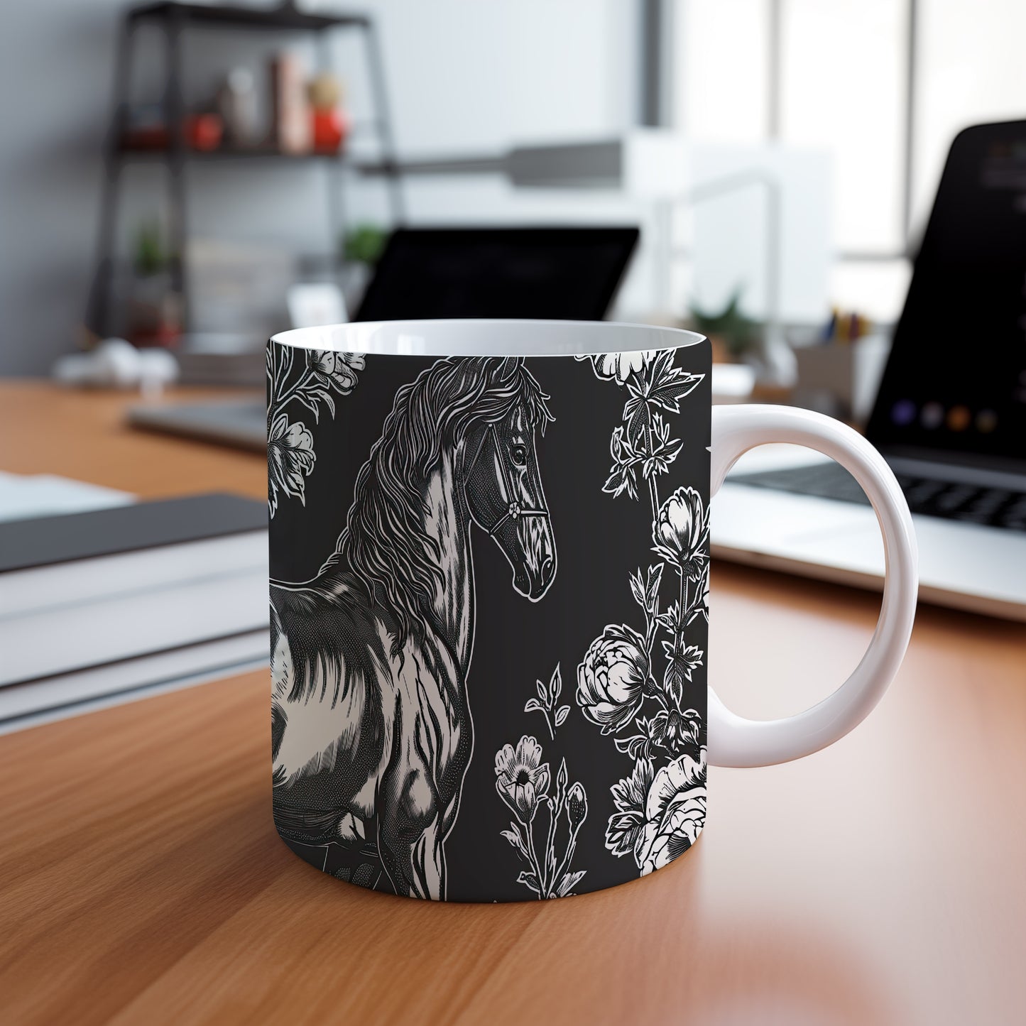 Hrnek s ilustrací koně a květinami