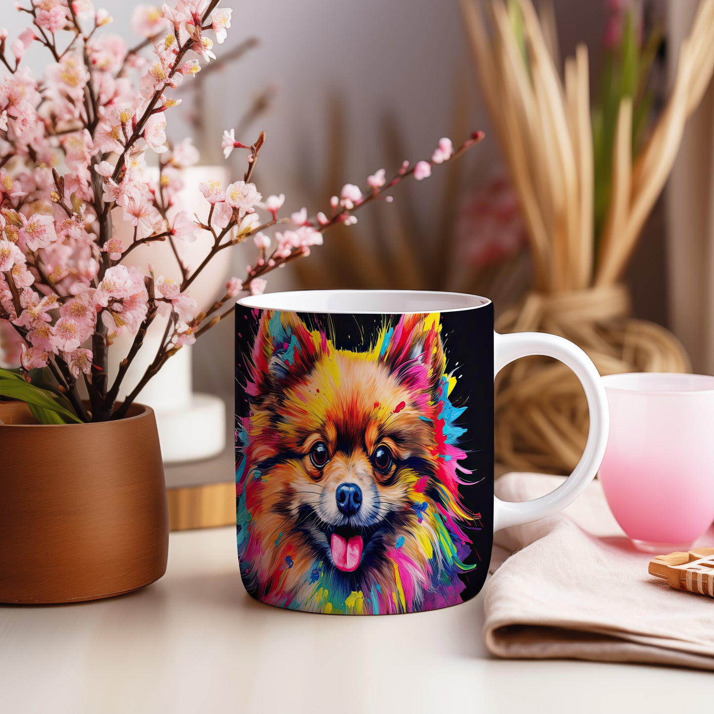 Hrnek s roztomilým pomeranianem – kontrastním vzhledem