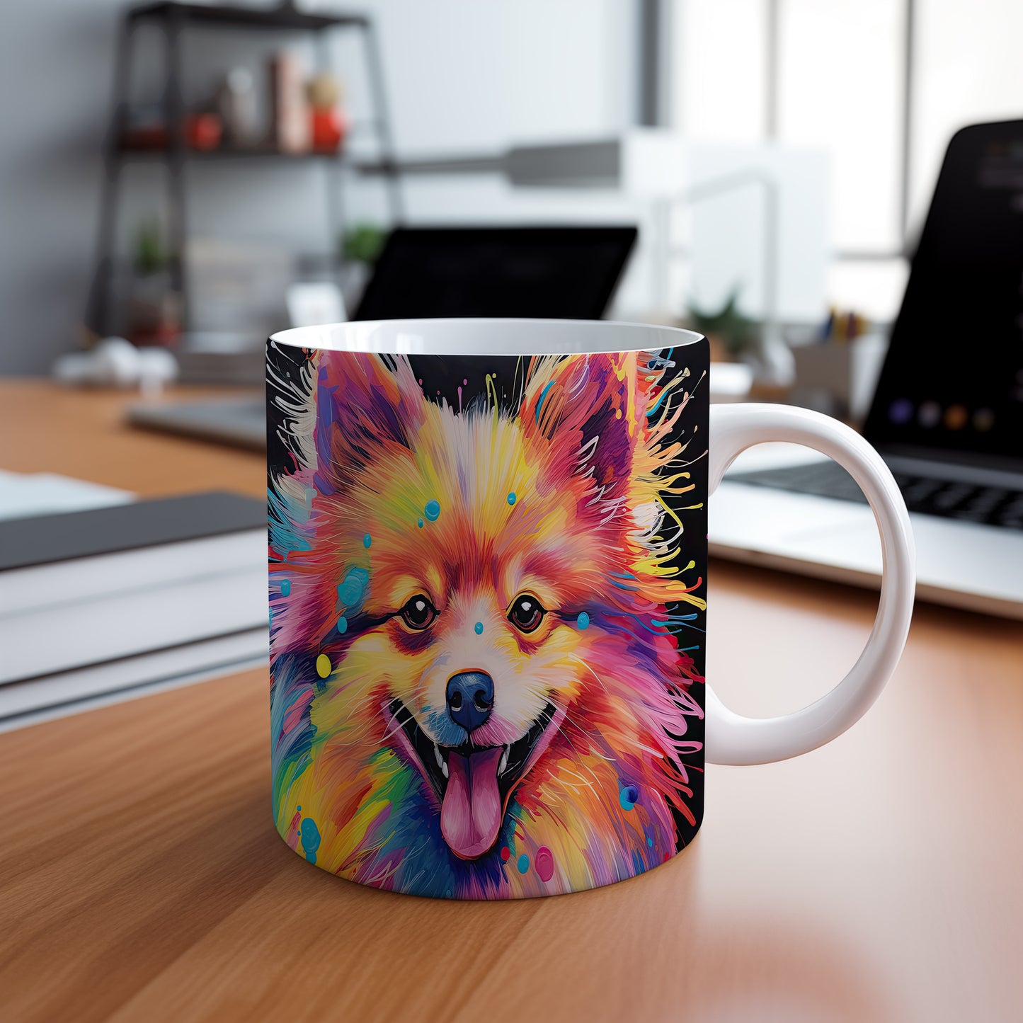 Hrnek se špicem v duhových barvách