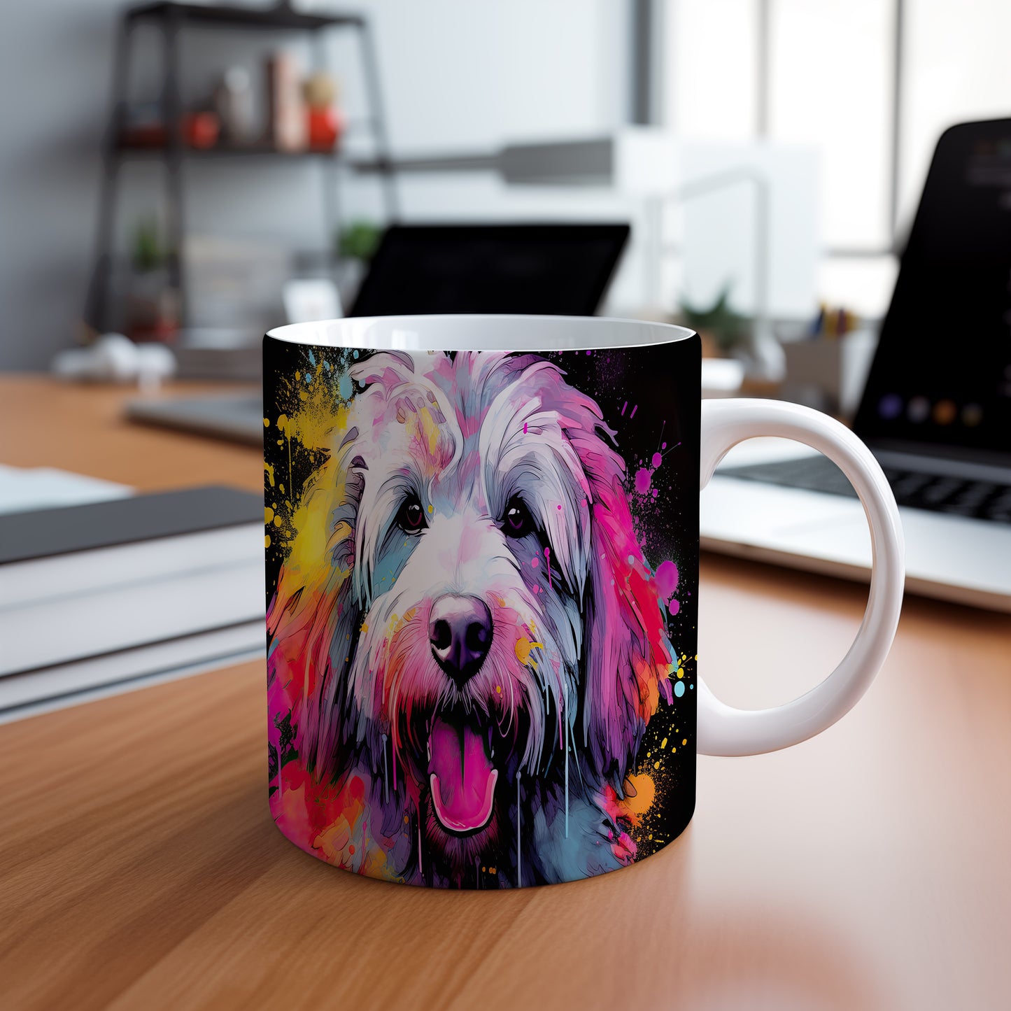 Hrnek s veselým goldendoodlem v barvách