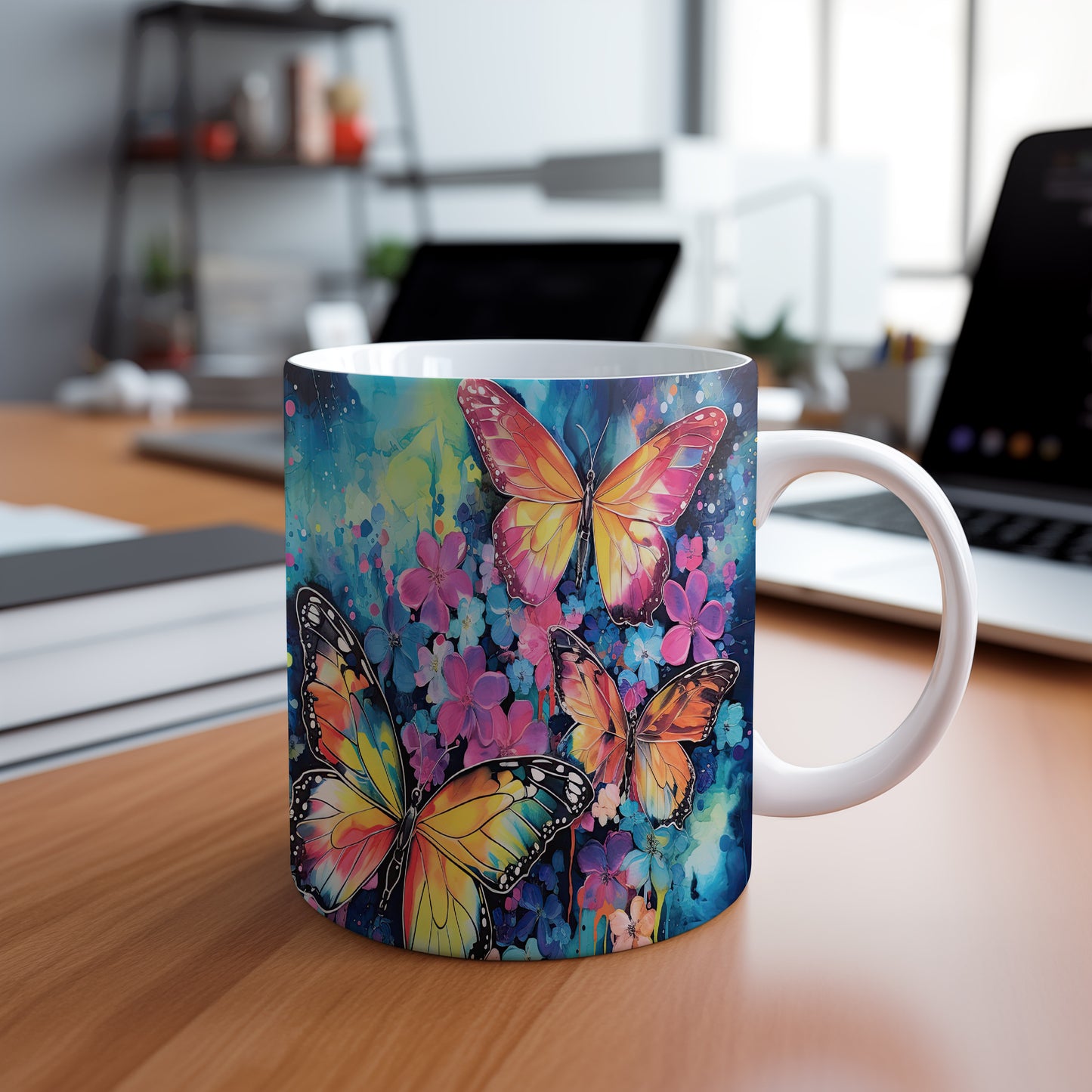 Hrnek s motýly a květinovým vzorem