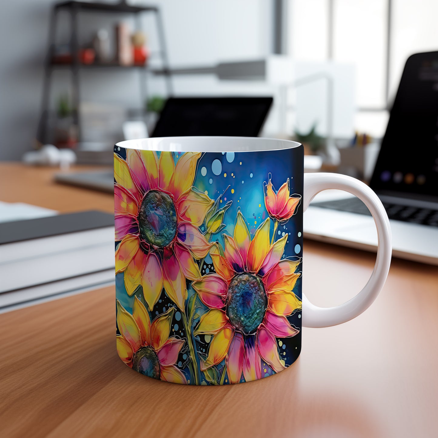 Hrnek se slunečnicemi na modrém pozadí – modrými detaily