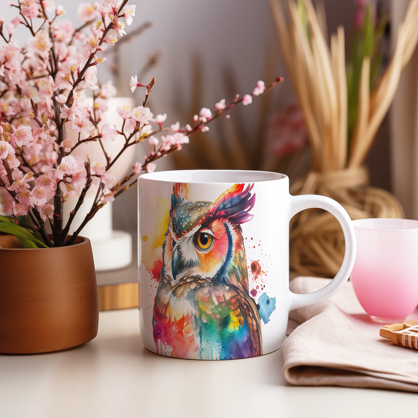 Hrnek s barevným motivem sovy – výrazným designem