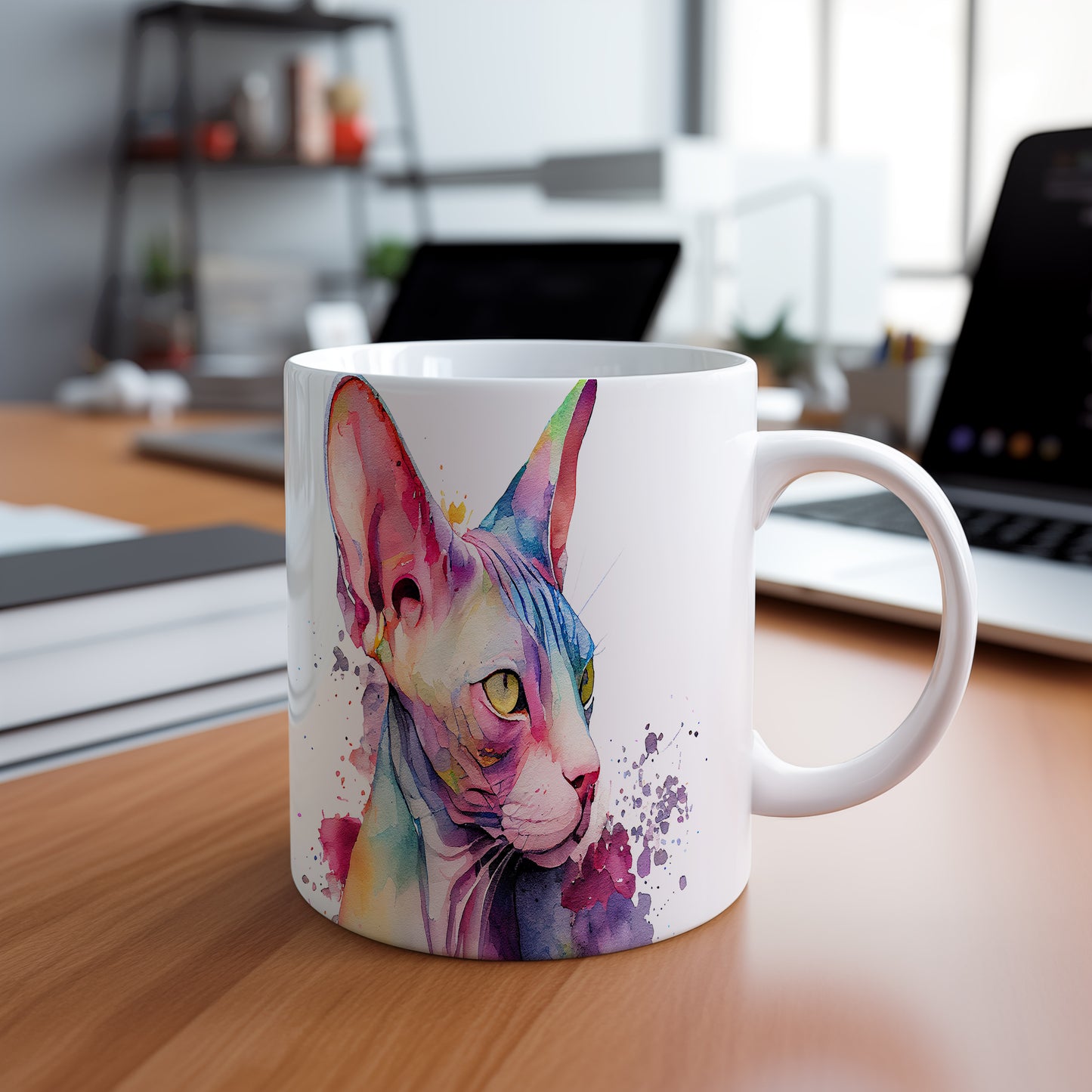 Hrnek s barevným kočkou v akvarelovém stylu – modrými detaily