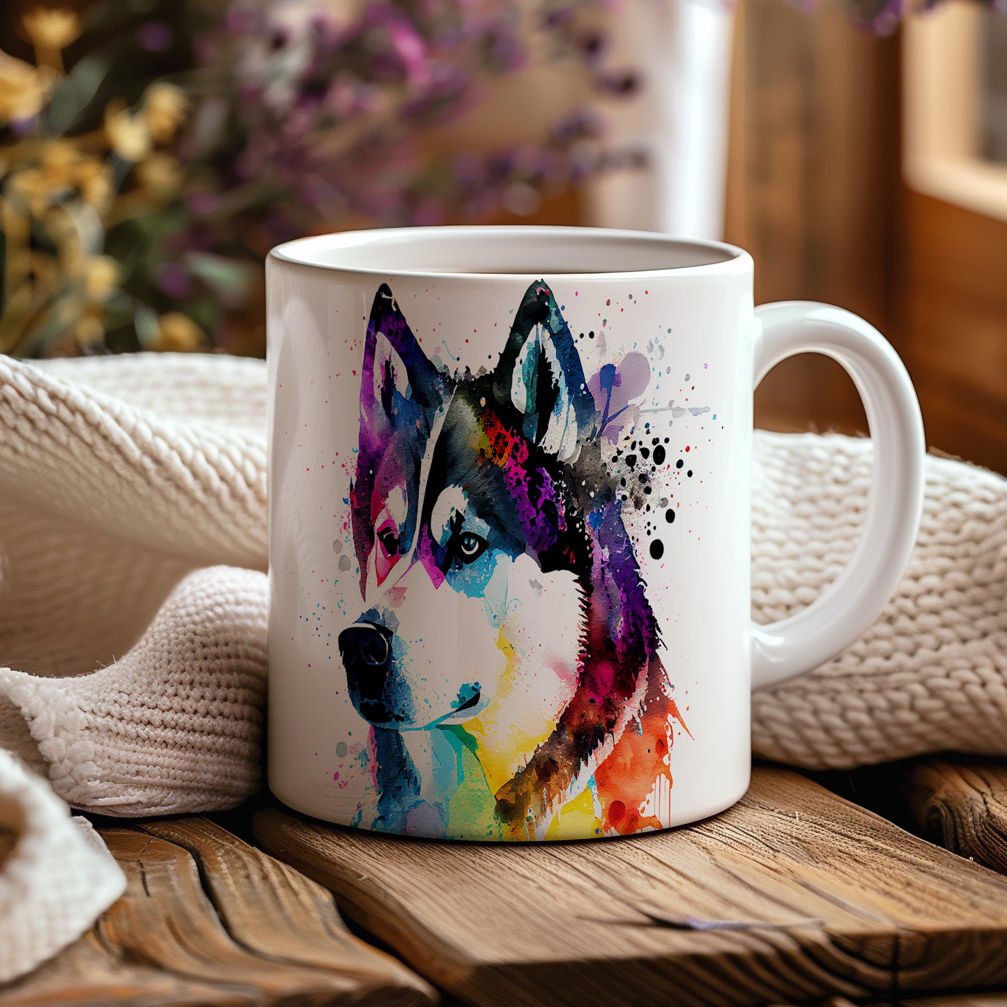 Hrnek s barevným portrétem huskyho