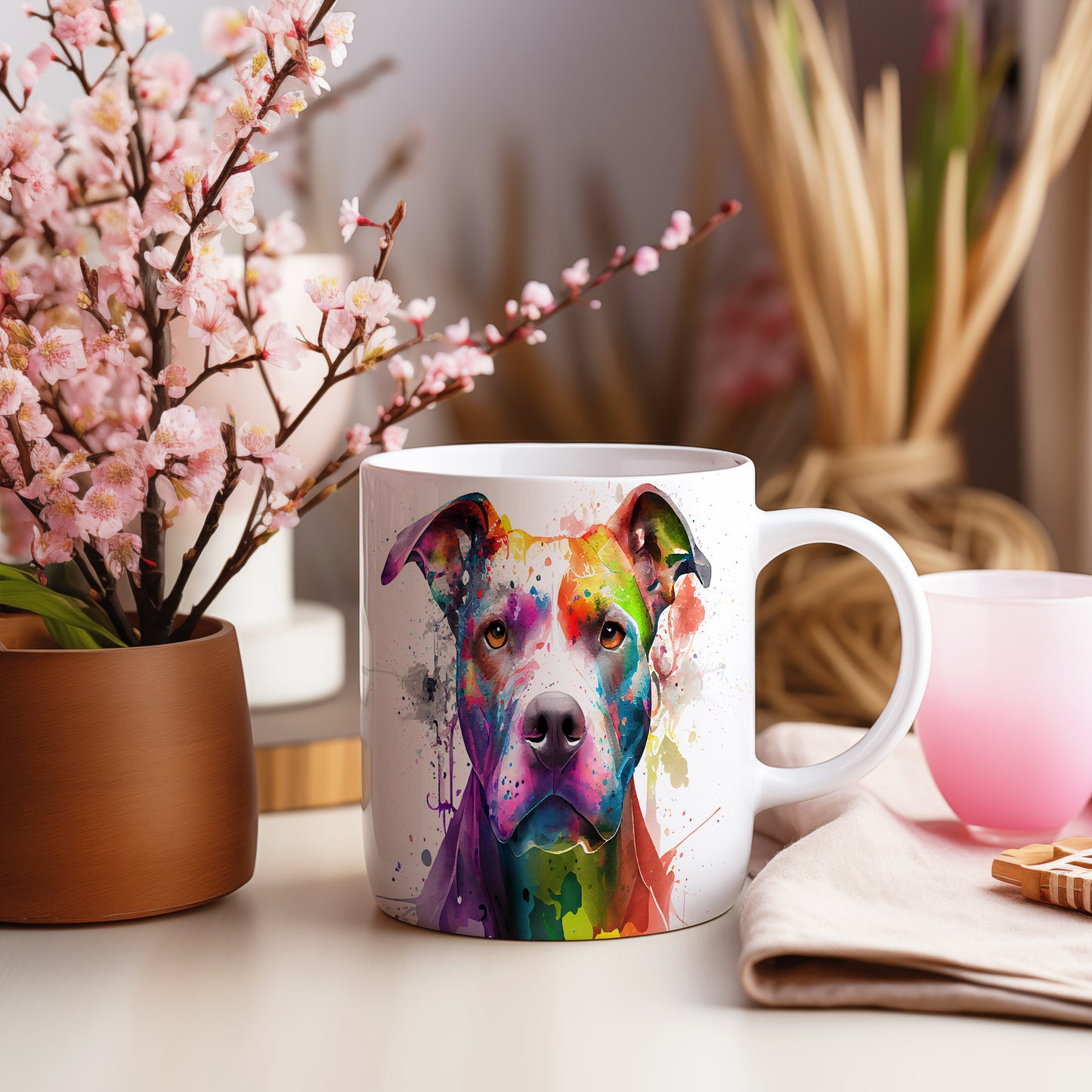 Hrnek s pitbullem teriérem v akvarelovém stylu