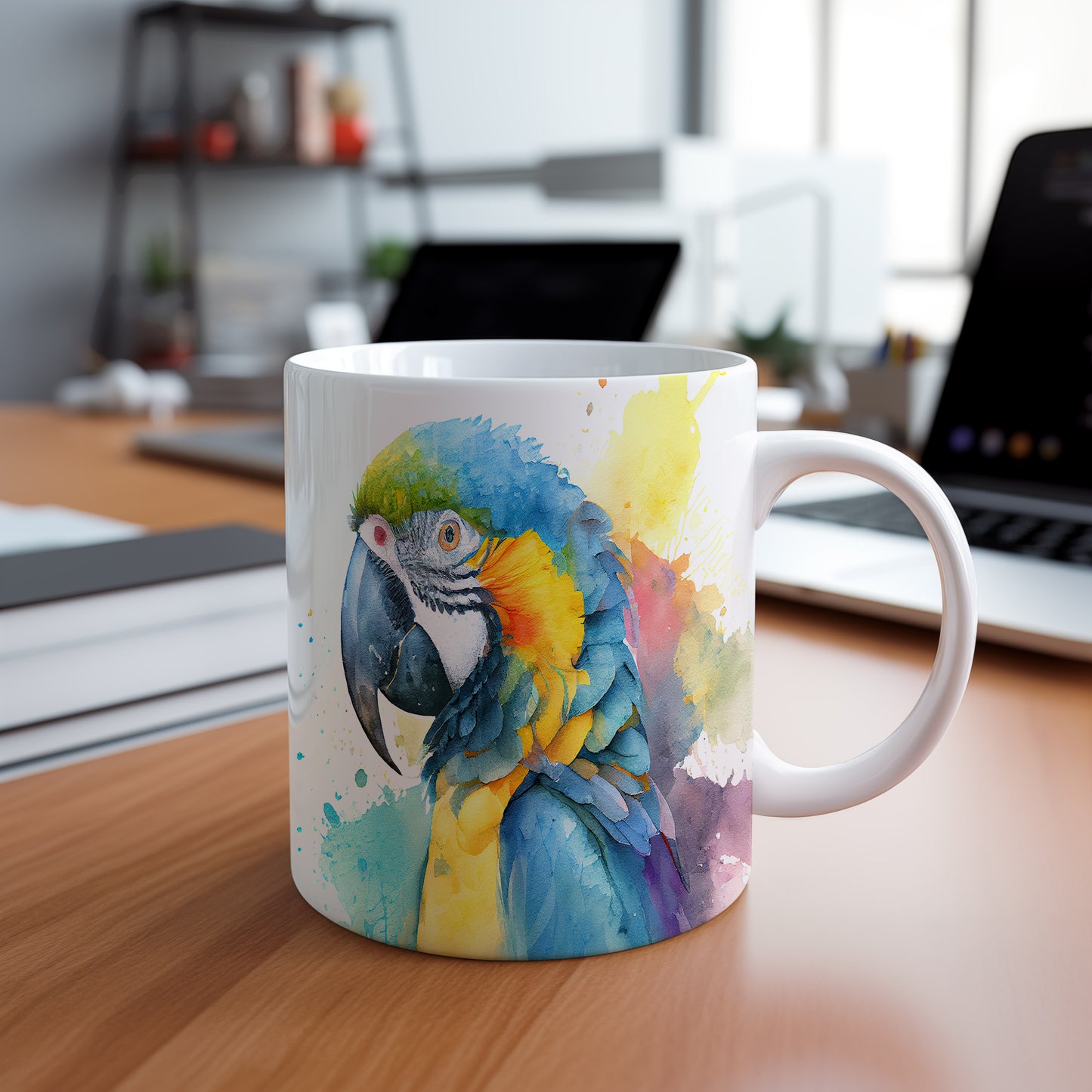 Hrnek s akvarelovým papouškem – 3D efektem