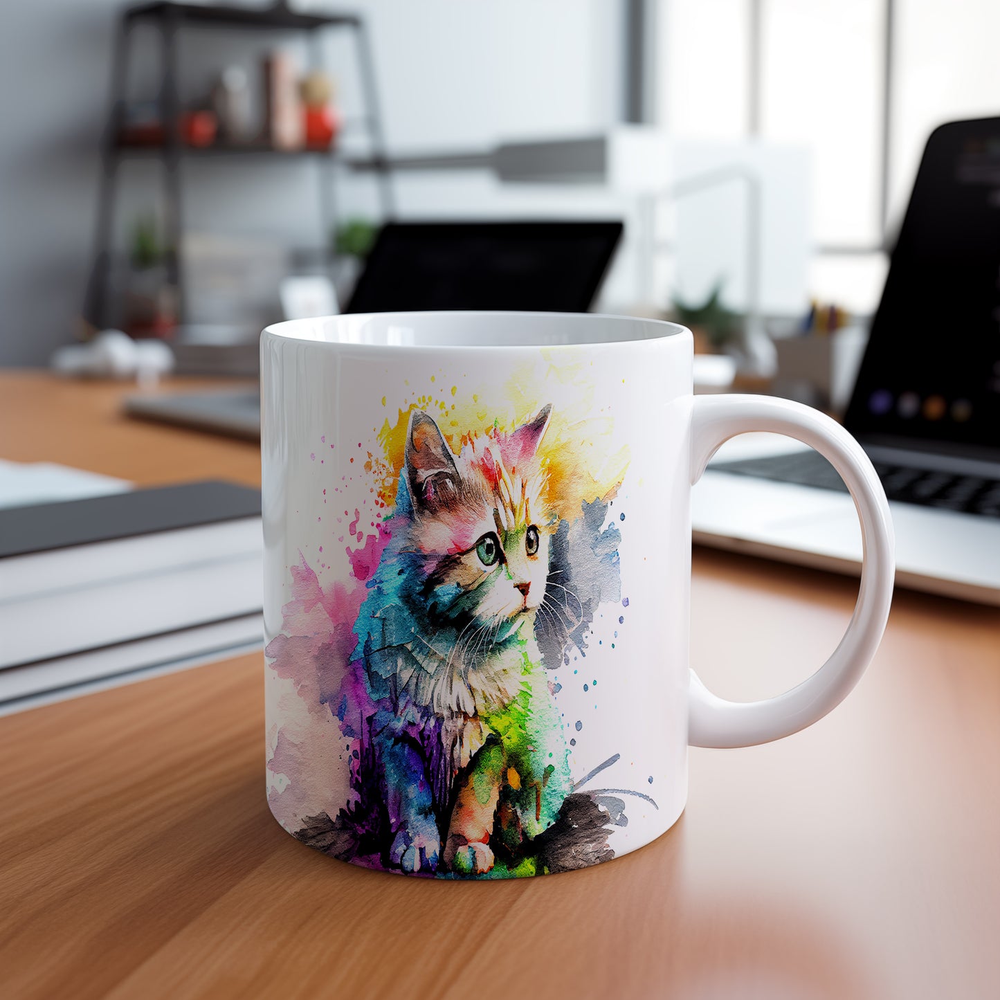 Hrnek s barevnou kočkou – jemnými detaily