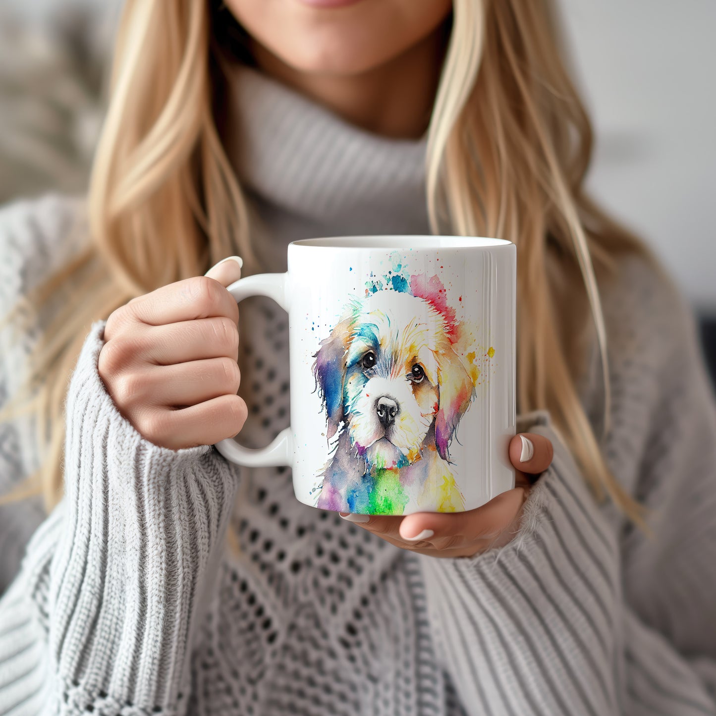Hrnek s shihtzu štěnětem a duhovým pozadím