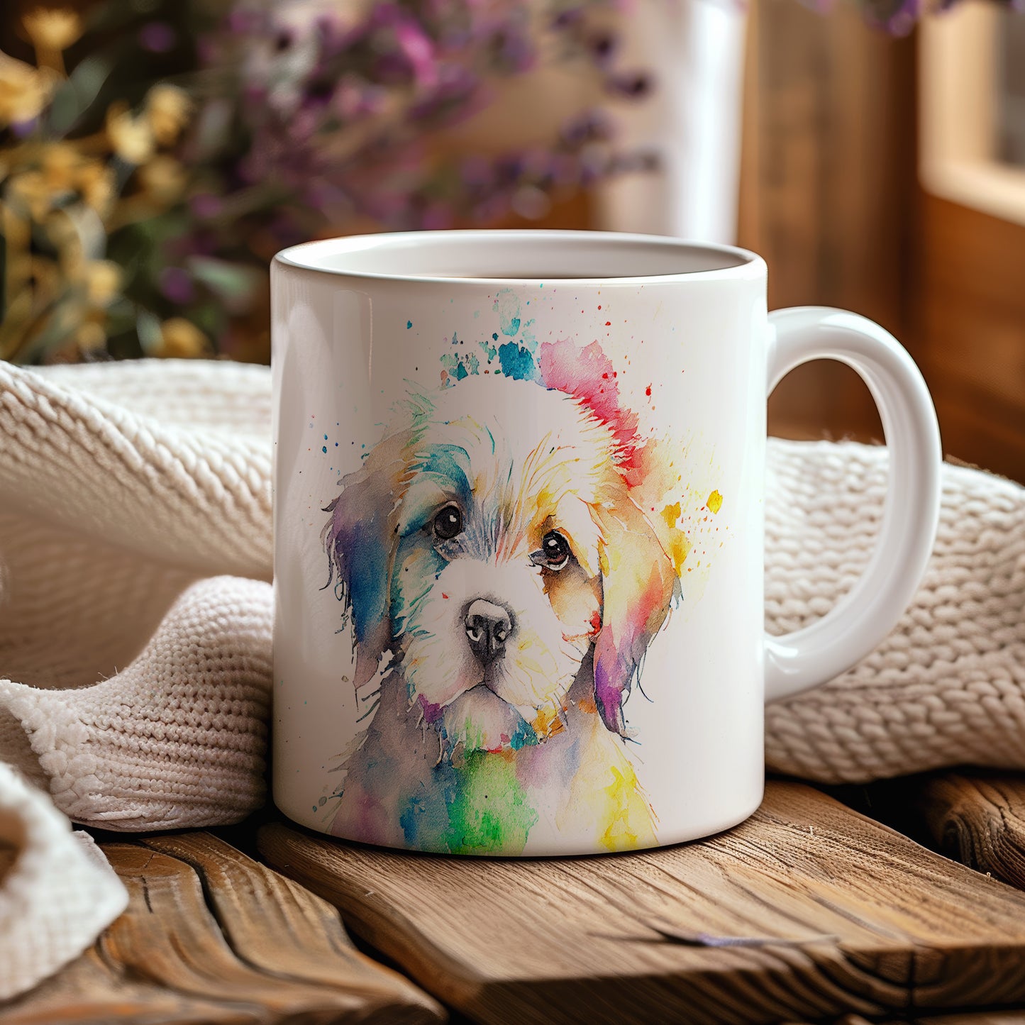 Hrnek s shihtzu štěnětem a duhovým pozadím