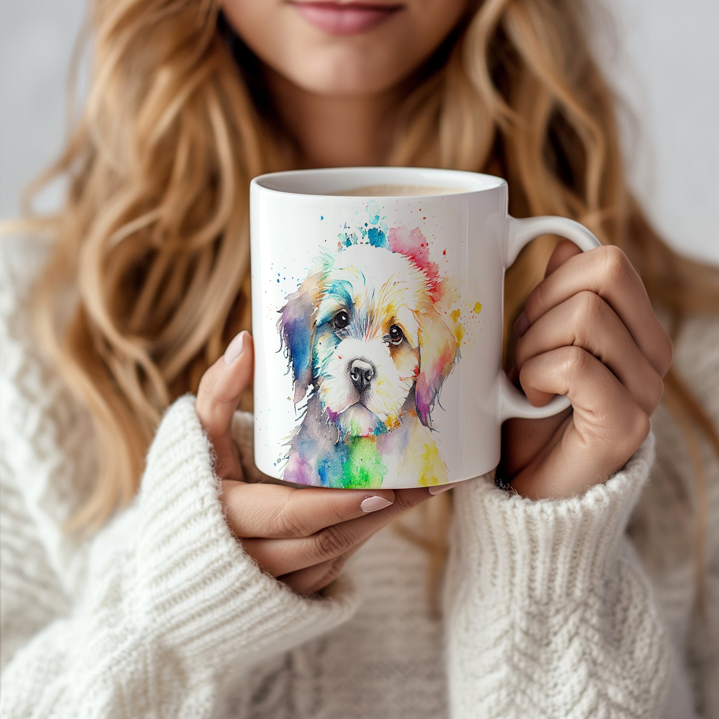 Hrnek s shihtzu štěnětem a duhovým pozadím