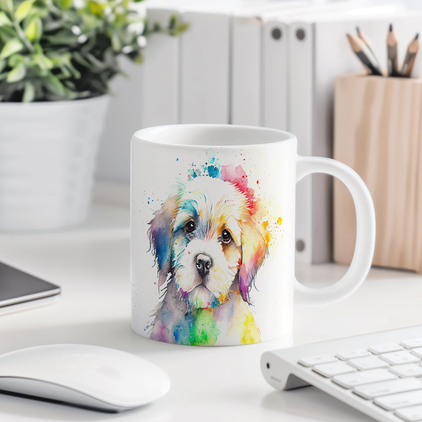 Hrnek s shihtzu štěnětem a duhovým pozadím