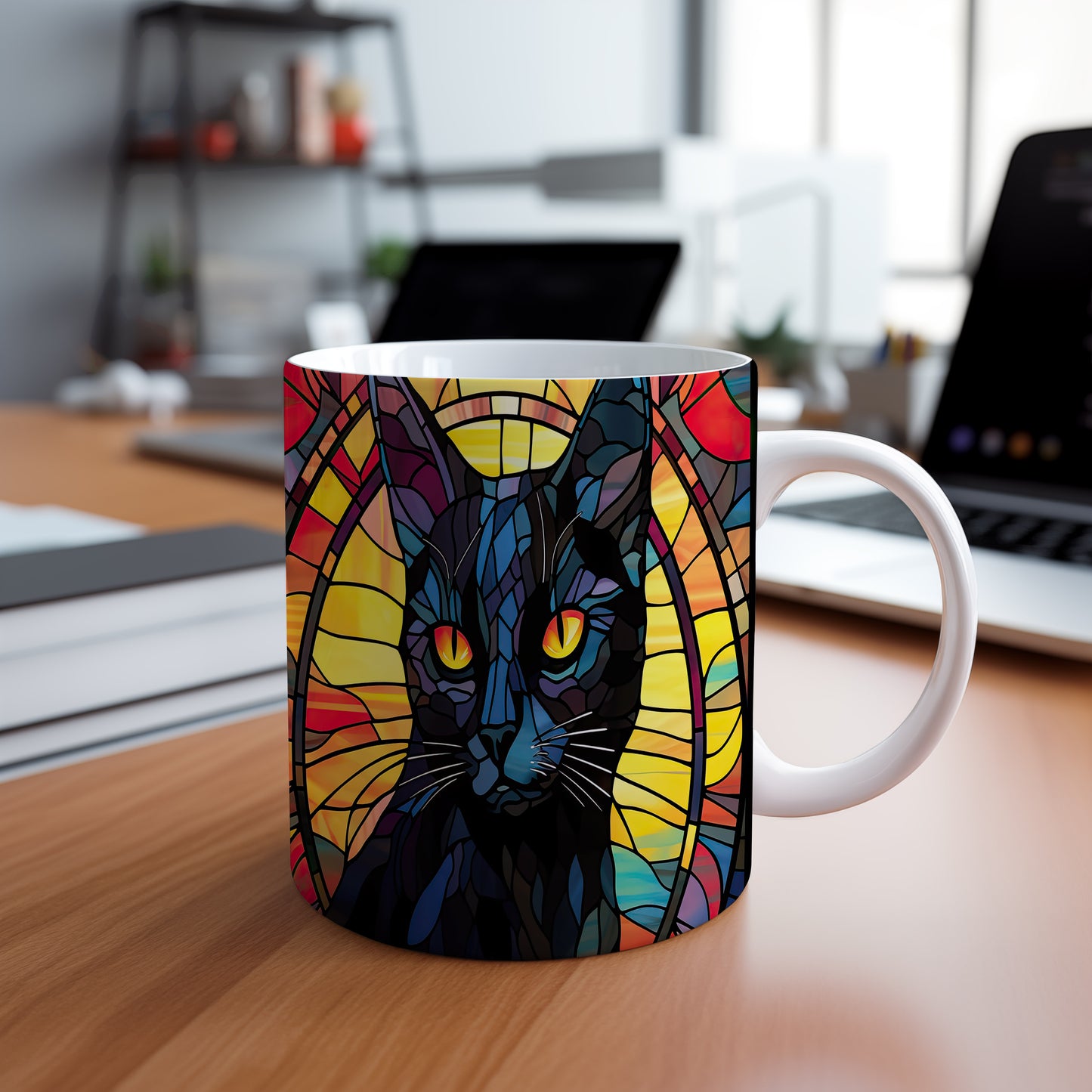 Hrnek se černou kočkou v mozaikovém stylu