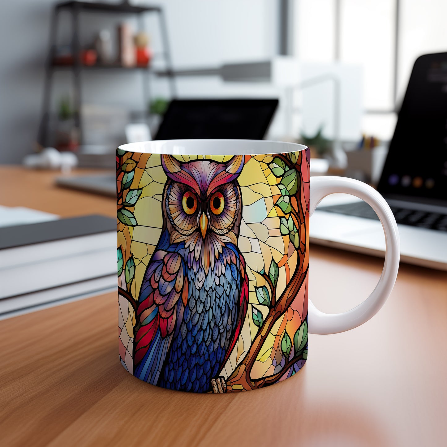 Hrnek s barevnou sovou – vtipnou digitální ilustrací