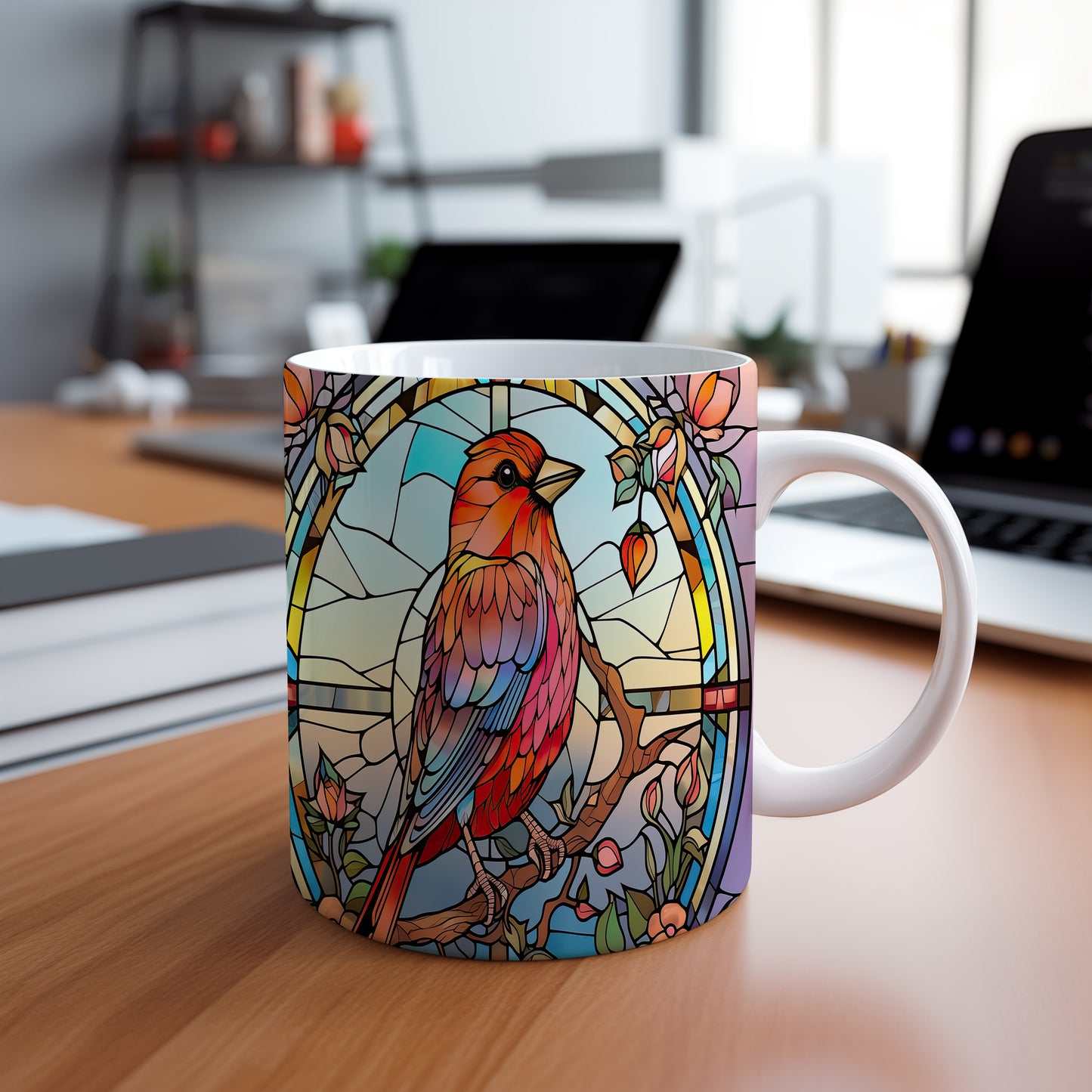 Hrnek s barevným ptákem v uměleckém stylu – výrazným designem