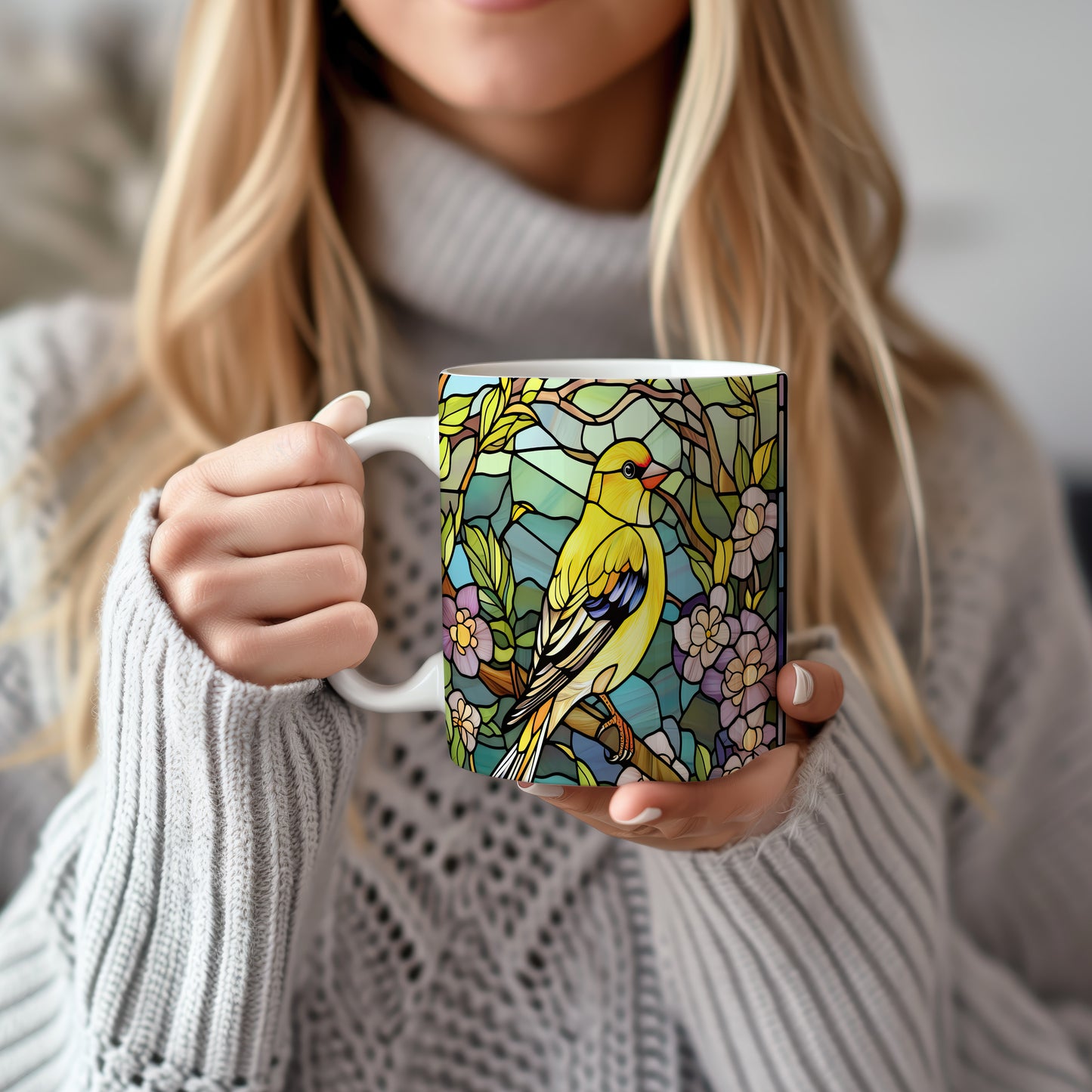 Hrnek se stylizovaným ptákem – modrými detaily