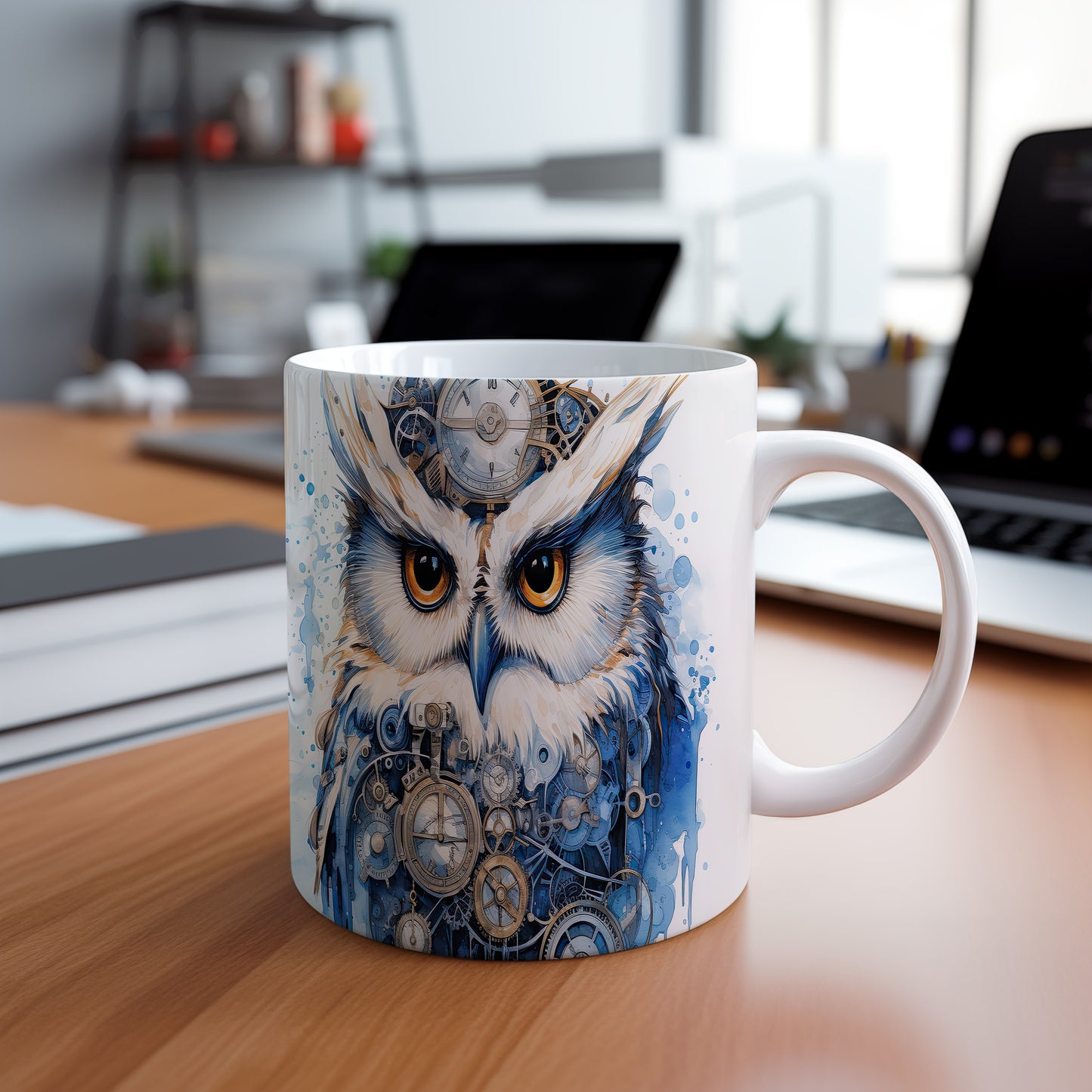 Hrnek s motivem sovičky a hodinovými strojky