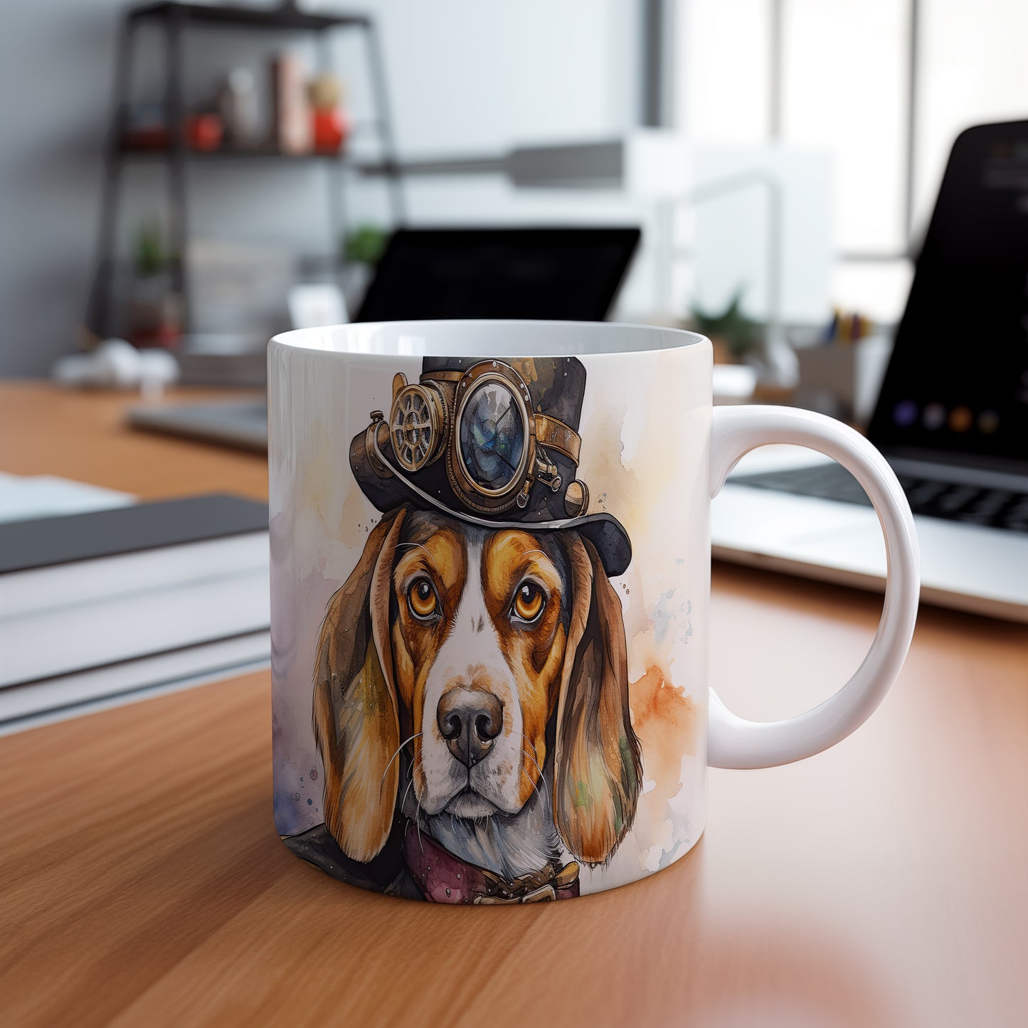 Hrnek s beagle psem v cylindru a brýlích