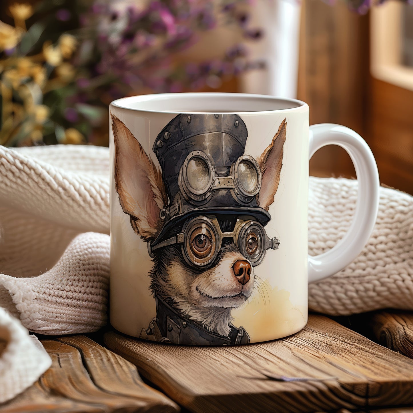 Hrnek se čivavou v brýlích a klobouku – roztomilý design